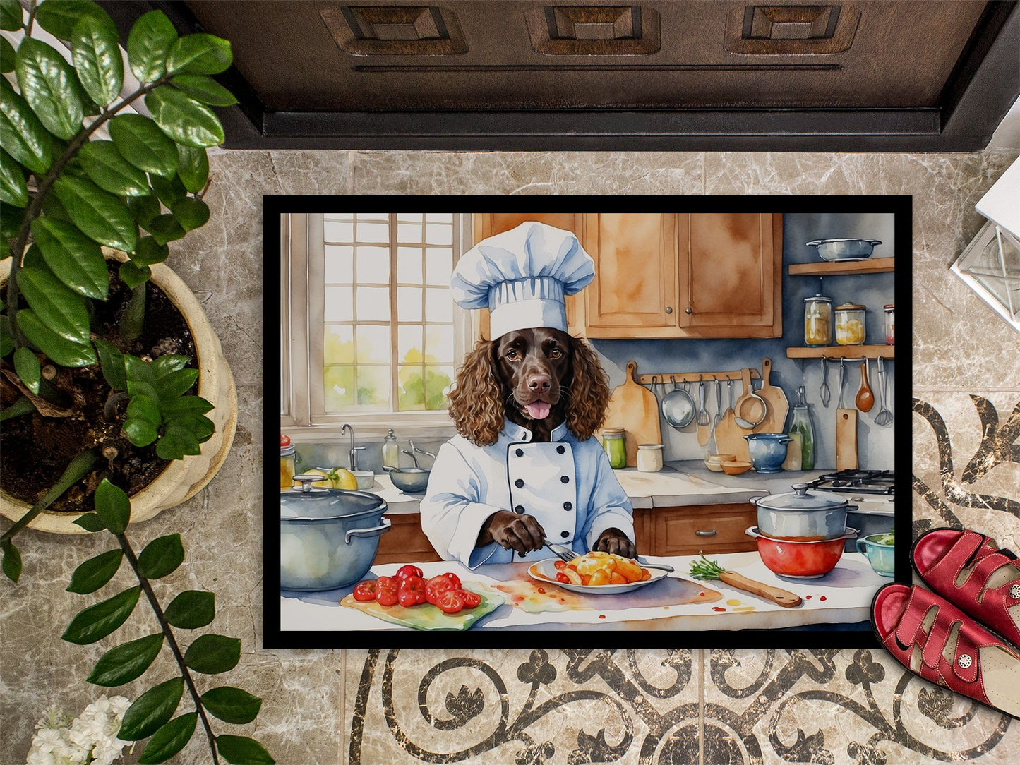 American Water Spaniel The Chef Doormat Front Door Mat Indoor Outdoor Rugs for Entryway, Non Slip Washable Low Pile, 24H X 36W