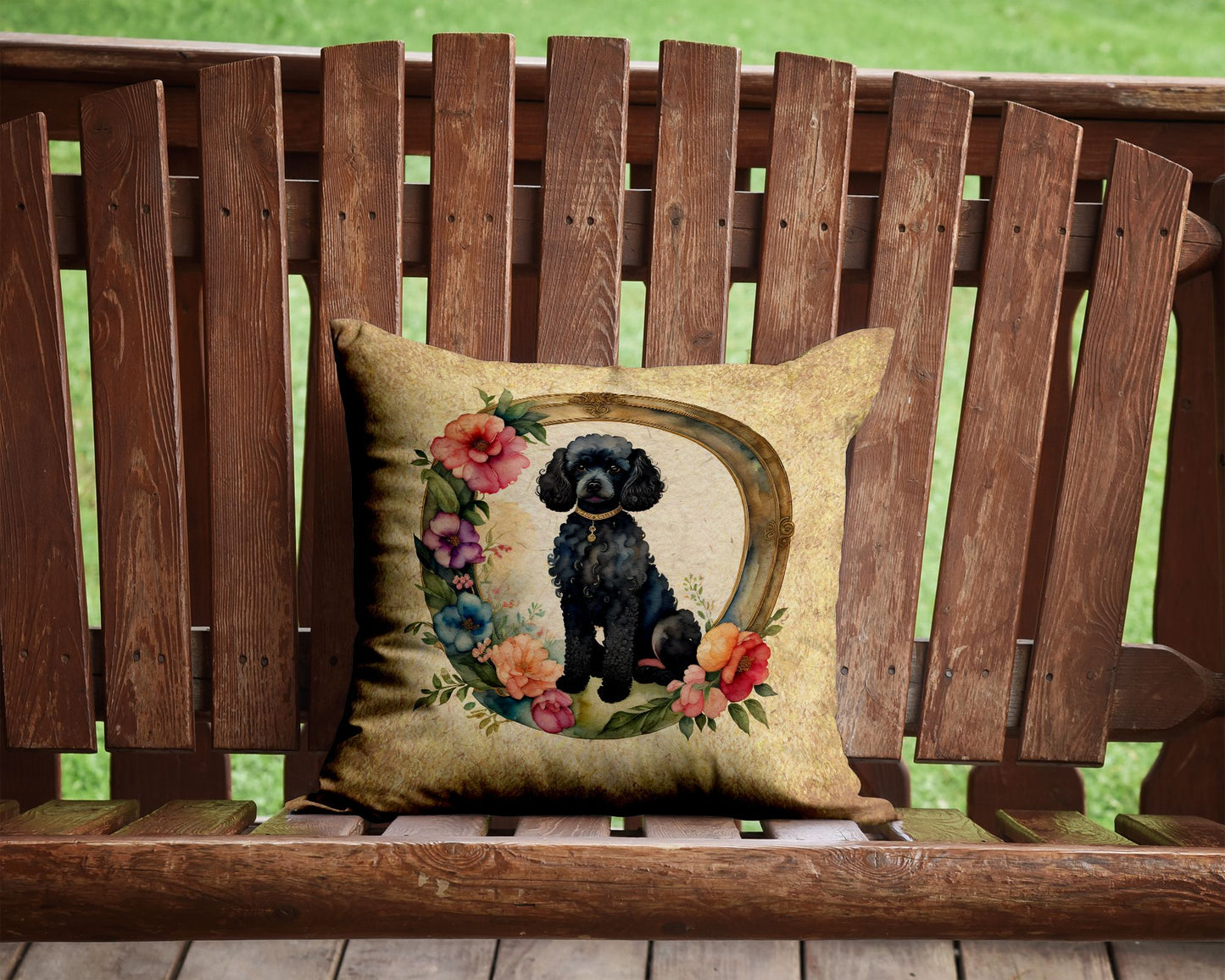 Black Poodle and Flowers Throw Pillow Machine Washable, Indoor Outdoor Decorative Pillow for Couch, Bed or Patio, 14Hx14W