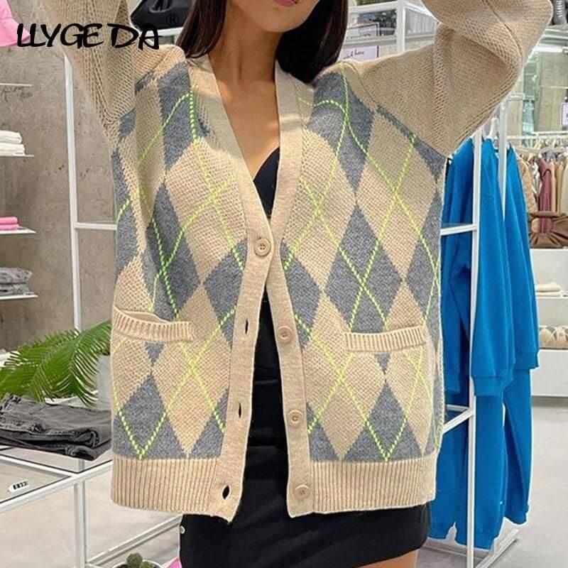 Oversized Argyle Cardigan Women Sweater Loose V-Neck Knitted Long Sleeve Y2K Sweaters Female 2021 Autumn Vintage Lady Basic Top - Clothes For Her Online Store