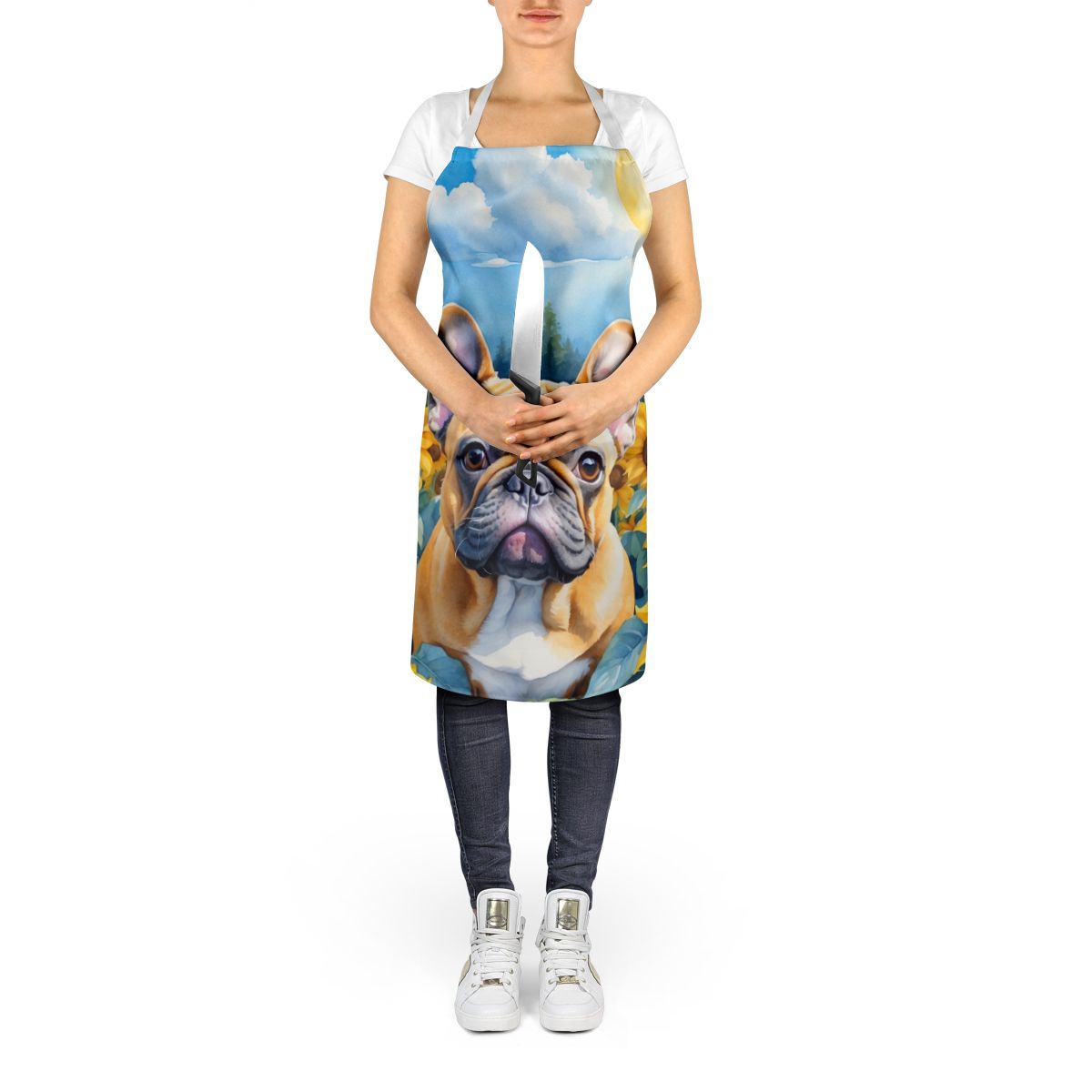 French Bulldog in Sunflowers Apron Cooking Kitchen Server Baking Crafts Gardening for Adult Women Men, Unisex, Large, Multicolor
