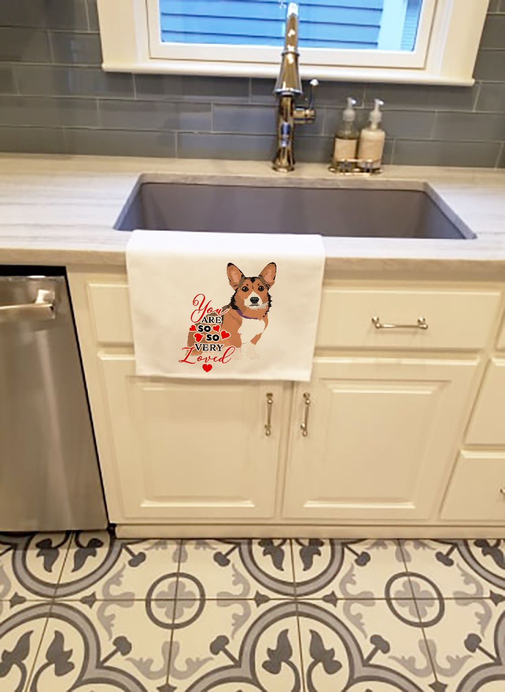 NEW Pembroke Welsh Corgi Sable and White so Loved Kitchen Towel Set of 2 White Dish Towels Decorative Bathroom Hand towel for Hand, Face, Hair, Yoga, Tea, Dishcloth, 19 X 28", White