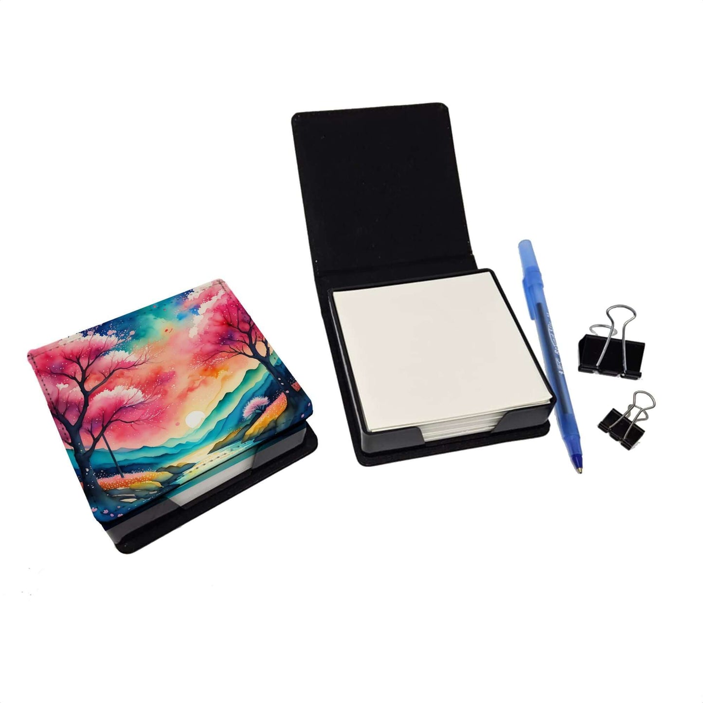 Colorful Cherry Blossoms PU Leather Note Paper Holder with Artist-Designed Cover, Desk Accessory, Office Gift