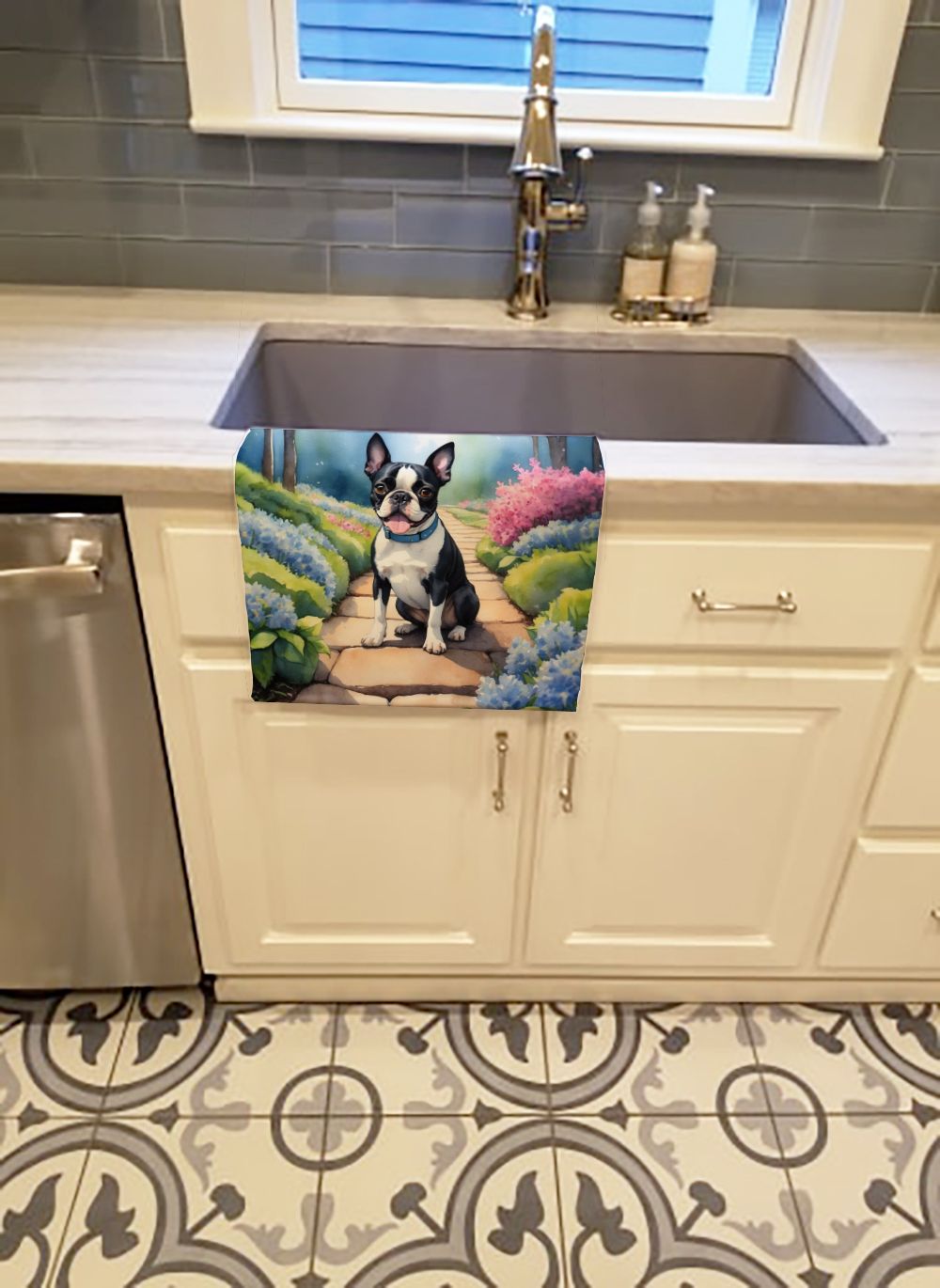 Boston Terrier Spring Path Kitchen Towel Dish Cloths Guest Hand Towel Decorative Bathroom Towel for Face,Tea, Dishcloth, Kitchen and Bath