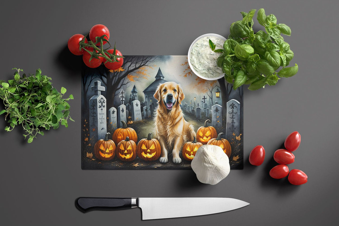 NEW Golden Retriever Spooky Halloween Glass Cutting Board Decorative Tempered Glass Kitchen Cutting and Serving Board Large Size Chopping Board