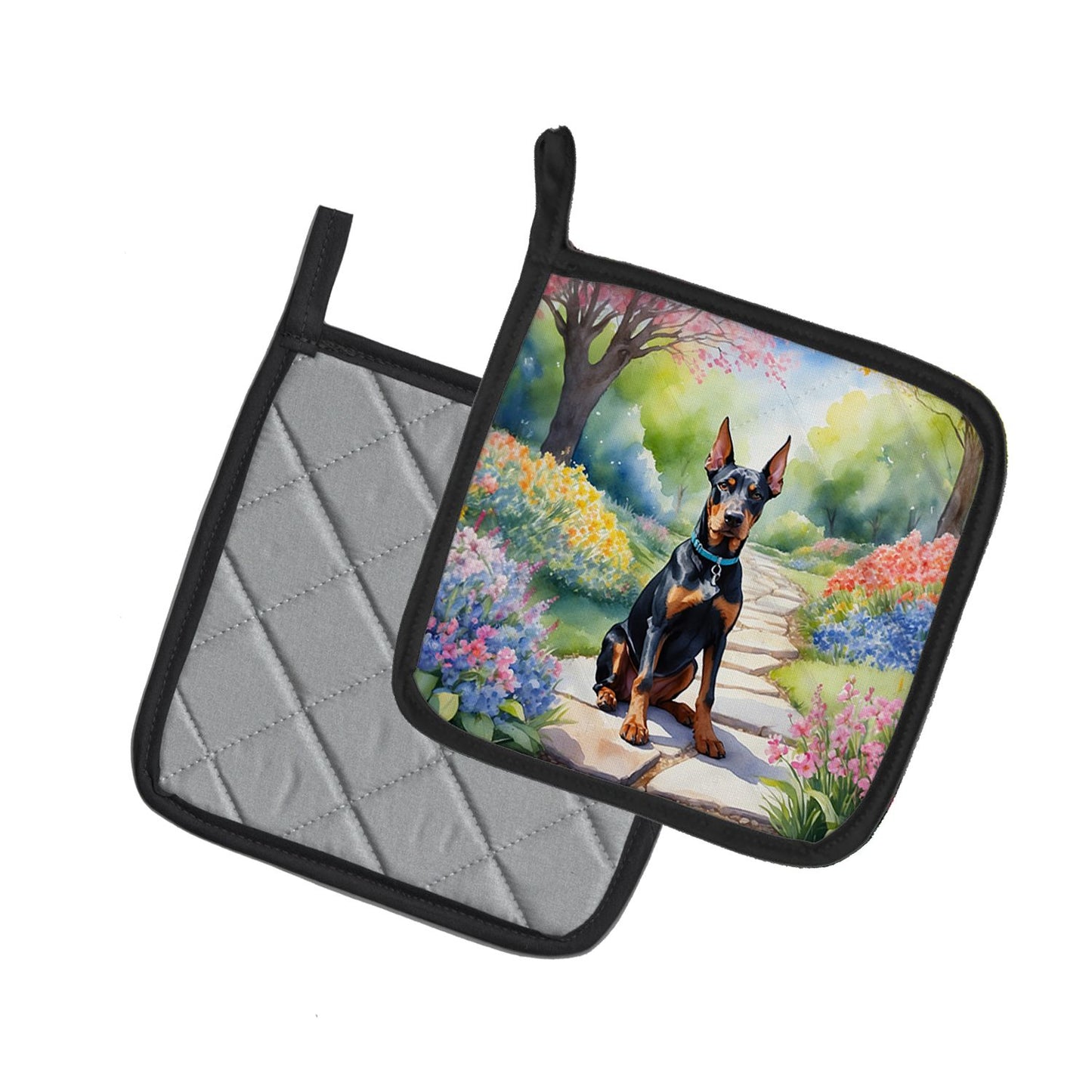 Doberman Pinscher Spring Path Pair of Pot Holders Kitchen Heat Resistant Pot Holders Sets Oven Hot Pads for Cooking Baking BBQ, 7 1/2 x 7 1/2