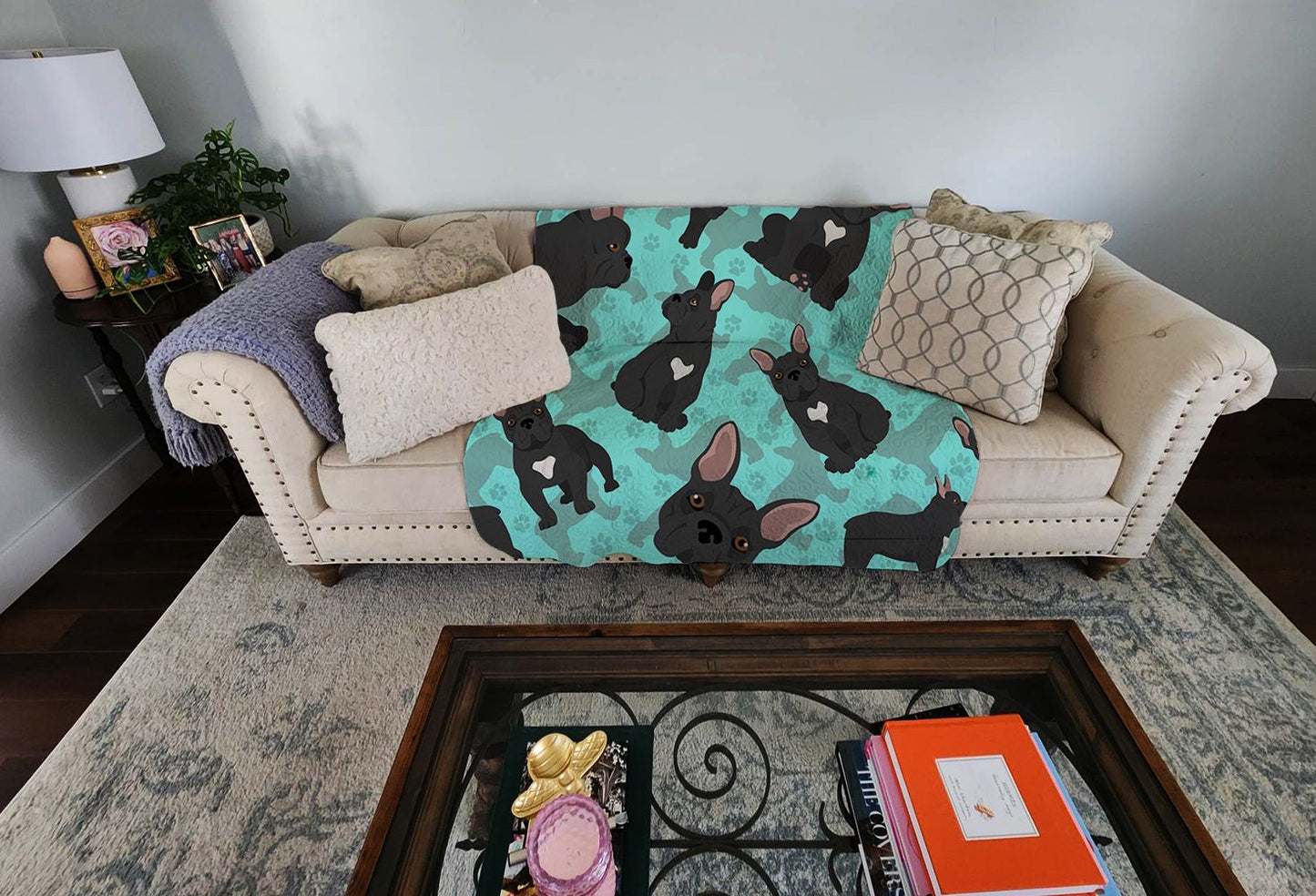 Black French Bulldog Quilted Blanket 50x60 Artwork Pattern Quilted Throw Blanket for Bed, Couch, Sofa, Soft and Lightweight