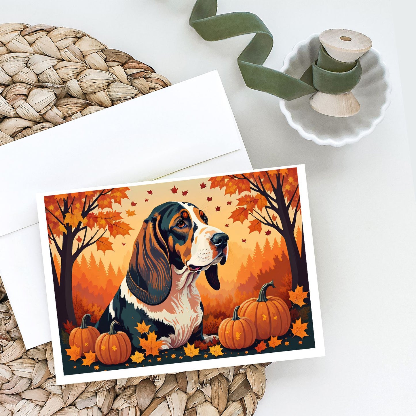 Basset Hound Fall Greeting Cards Pack of 8 Blank Cards with Envelopes Whimsical A7 Size 5x7 Blank Note Cards