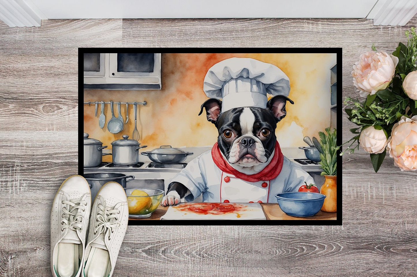 Boston Terrier The Chef Doormat Front Door Mat Indoor Outdoor Rugs for Entryway, Non Slip Washable Low Pile, 24H X 36W
