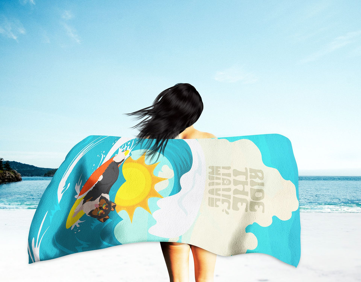 Surfer Dog Tricolor Sheltie Premium Beach Towel Oversized Towel Beach Blanket, Pool, Beach Essentials, Yoga, Premium Bath Towel, Quick Dry Plush