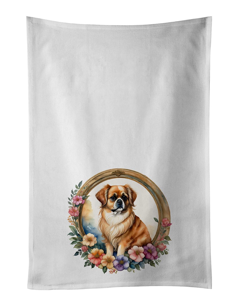 Tibetan Spaniel and Flowers Kitchen Towel Set of 2 White Dish Towels Decorative Bathroom Hand towel for Hand, Face, Hair, Yoga, Tea, Dishcloth, 19 X 28", White