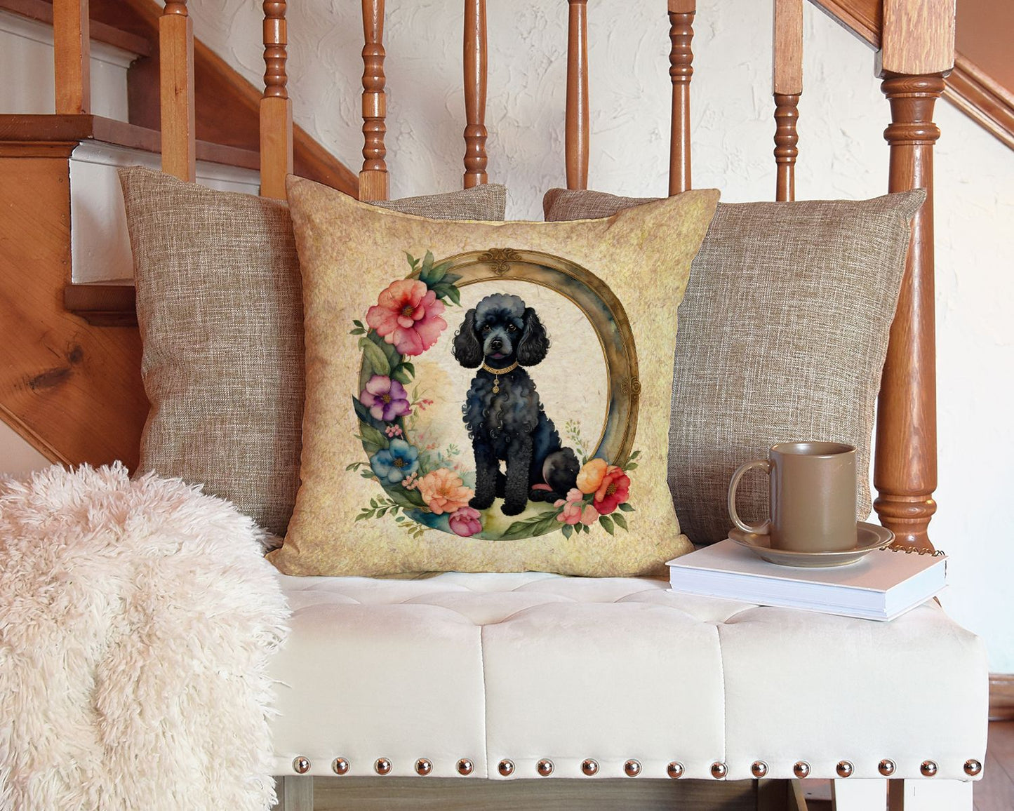 Black Poodle and Flowers Throw Pillow Machine Washable, Indoor Outdoor Decorative Pillow for Couch, Bed or Patio, 14Hx14W