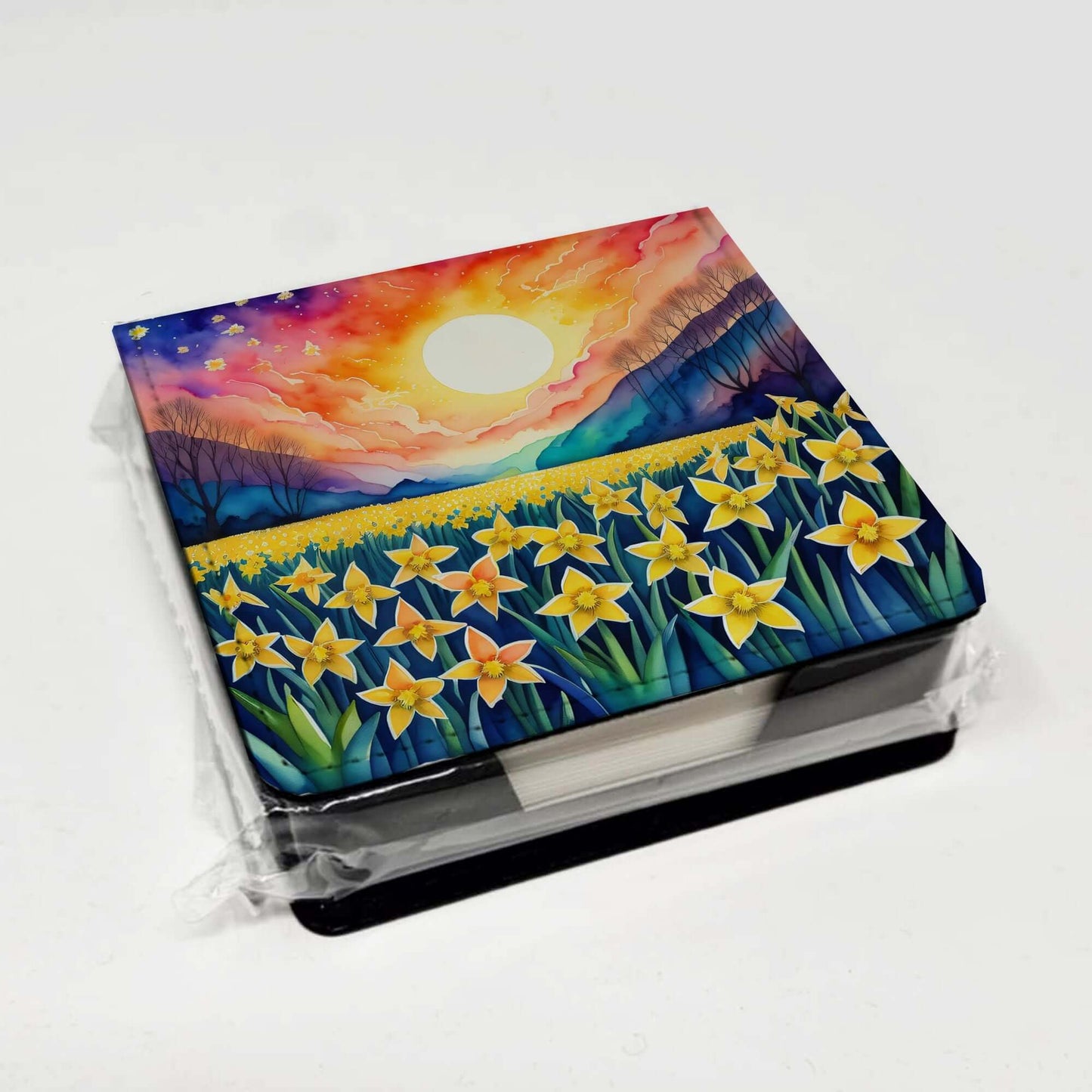 Colorful Daffodils PU Leather Note Paper Holder with Artist-Designed Cover, Desk Accessory, Office Gift