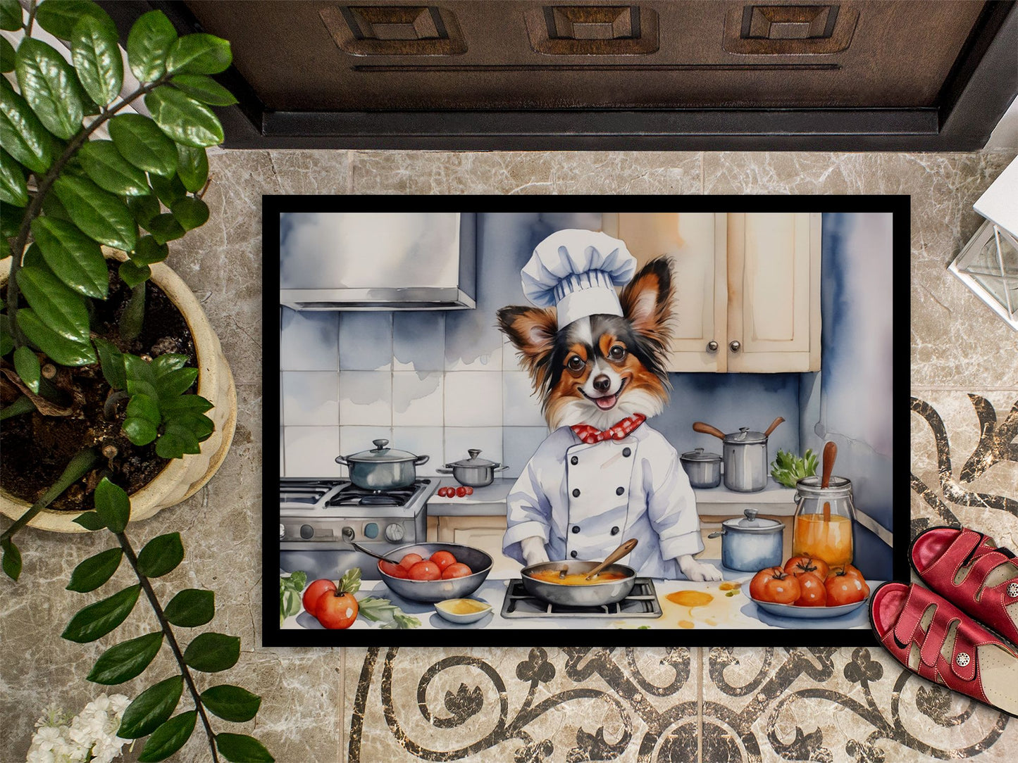 Papillon The Chef Doormat Front Door Mat Indoor Outdoor Rugs for Entryway, Non Slip Washable Low Pile, 24H X 36W