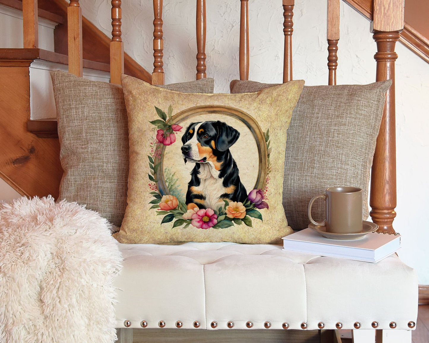 Entlebucher Mountain Dog and Flowers Throw Pillow Machine Washable, Indoor Outdoor Decorative Pillow for Couch, Bed or Patio, 14Hx14W