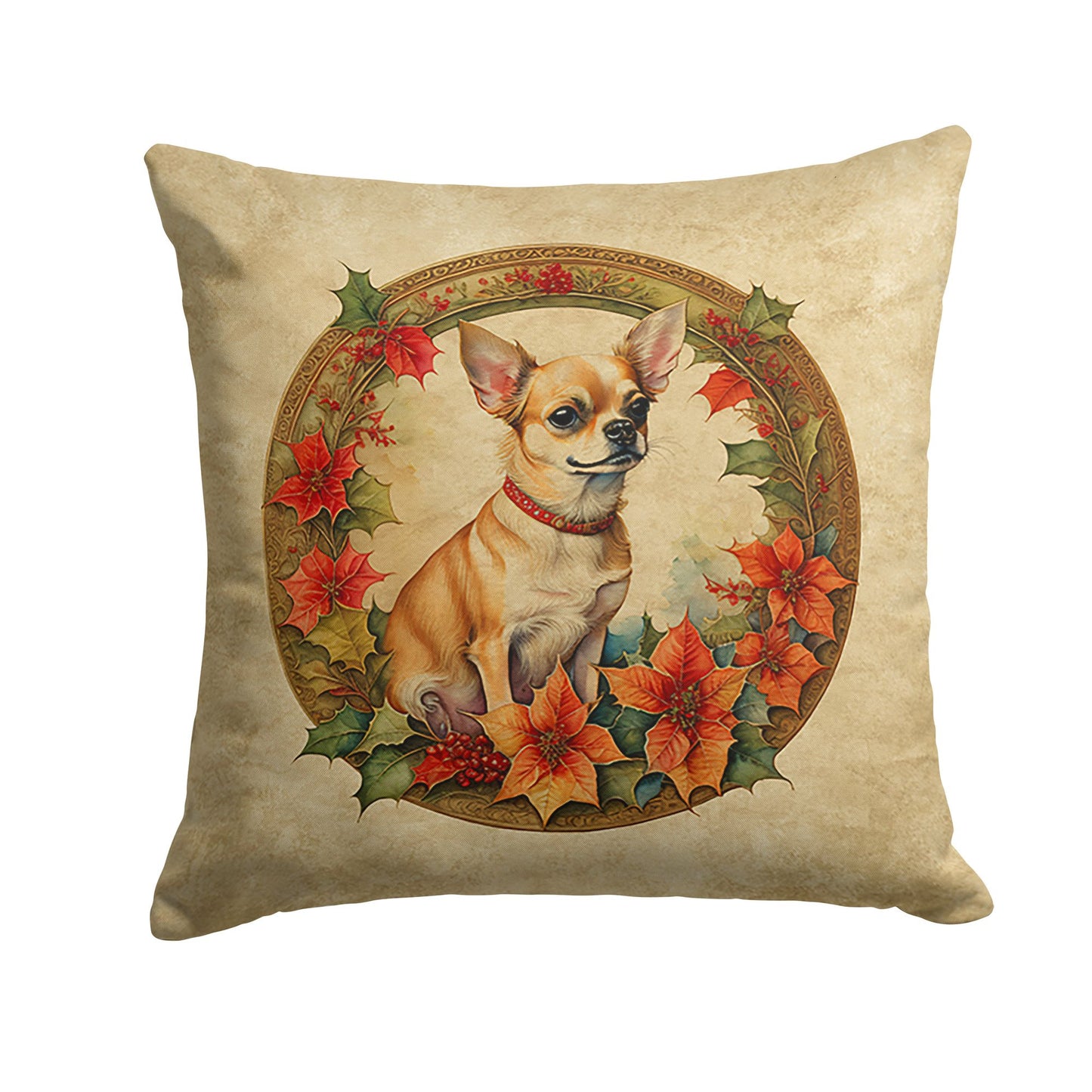 Chihuahua Christmas Flowers Throw Pillow Machine Washable, Indoor Outdoor Decorative Pillow for Couch, Bed or Patio, 14Hx14W