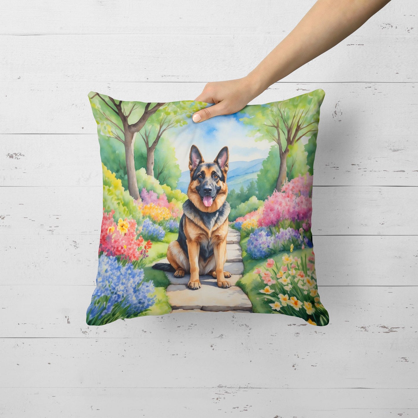 German Shepherd Spring Path Throw Pillow Machine Washable, Indoor Outdoor Decorative Pillow for Couch, Bed or Patio, 18Hx18W