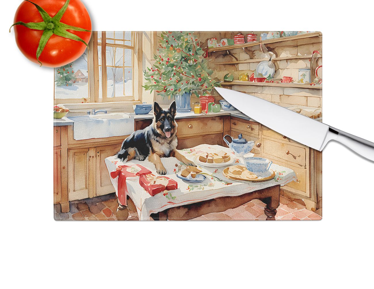 NEW German Shepherd Christmas Cookies Glass Cutting Board Decorative Tempered Glass Kitchen Cutting and Serving Board Large Size Chopping Board