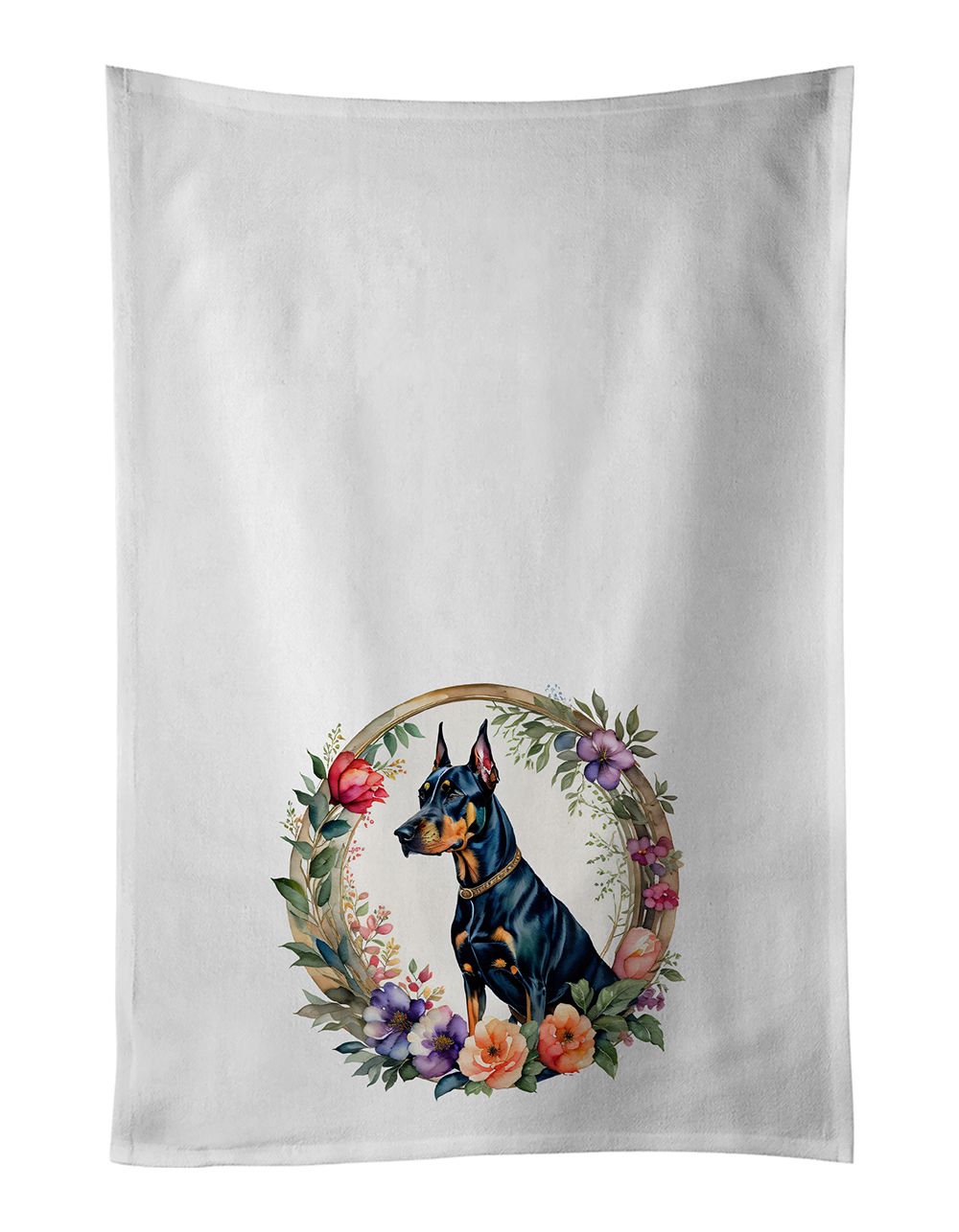 Doberman Pinscher and Flowers Kitchen Towel Set of 2 White Dish Towels Decorative Bathroom Hand towel for Hand, Face, Hair, Yoga, Tea, Dishcloth, 19 X 28", White