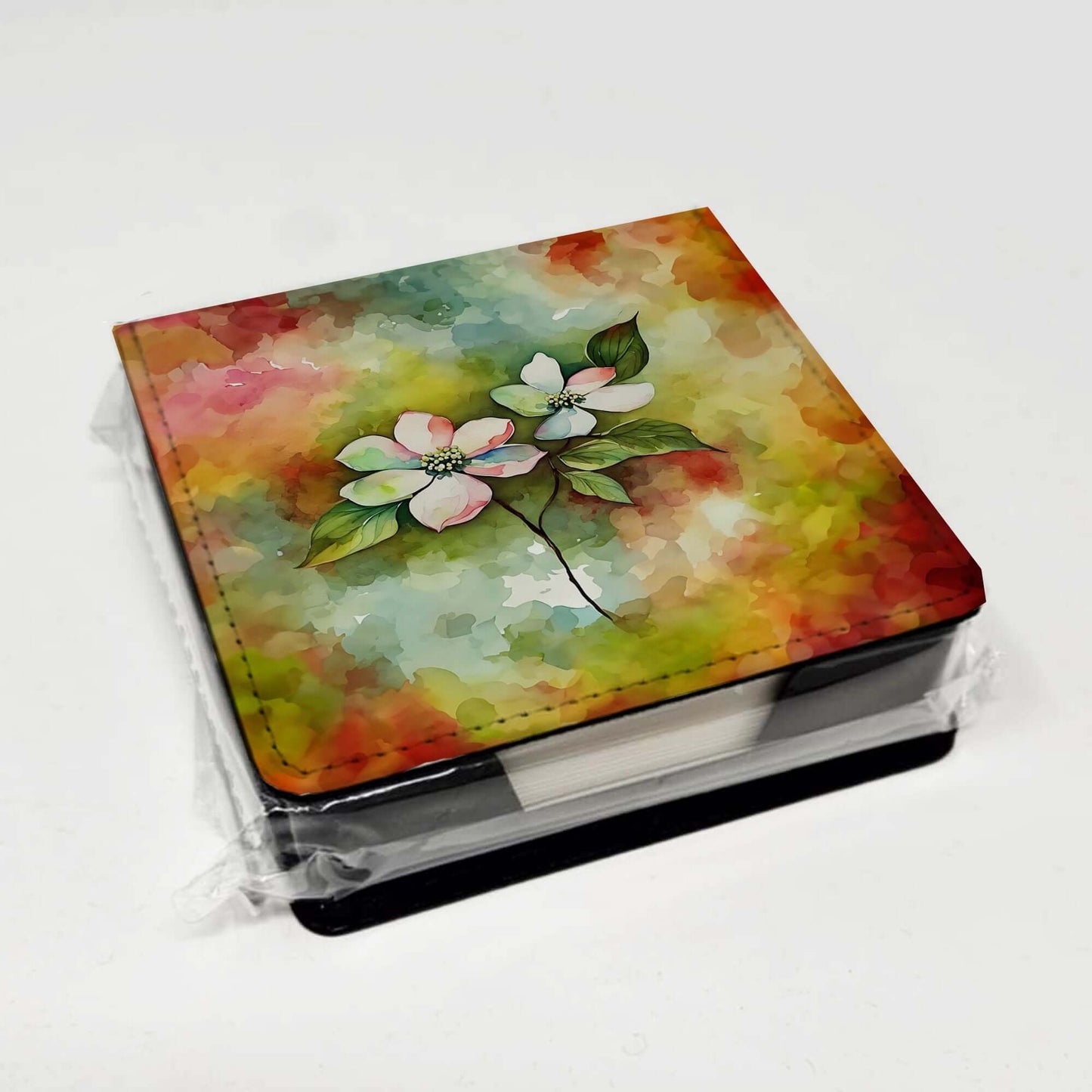 Virginia American Dogwood in Watercolor PU Leather Note Paper Holder with Artist-Designed Cover, Desk Accessory, Office Gift