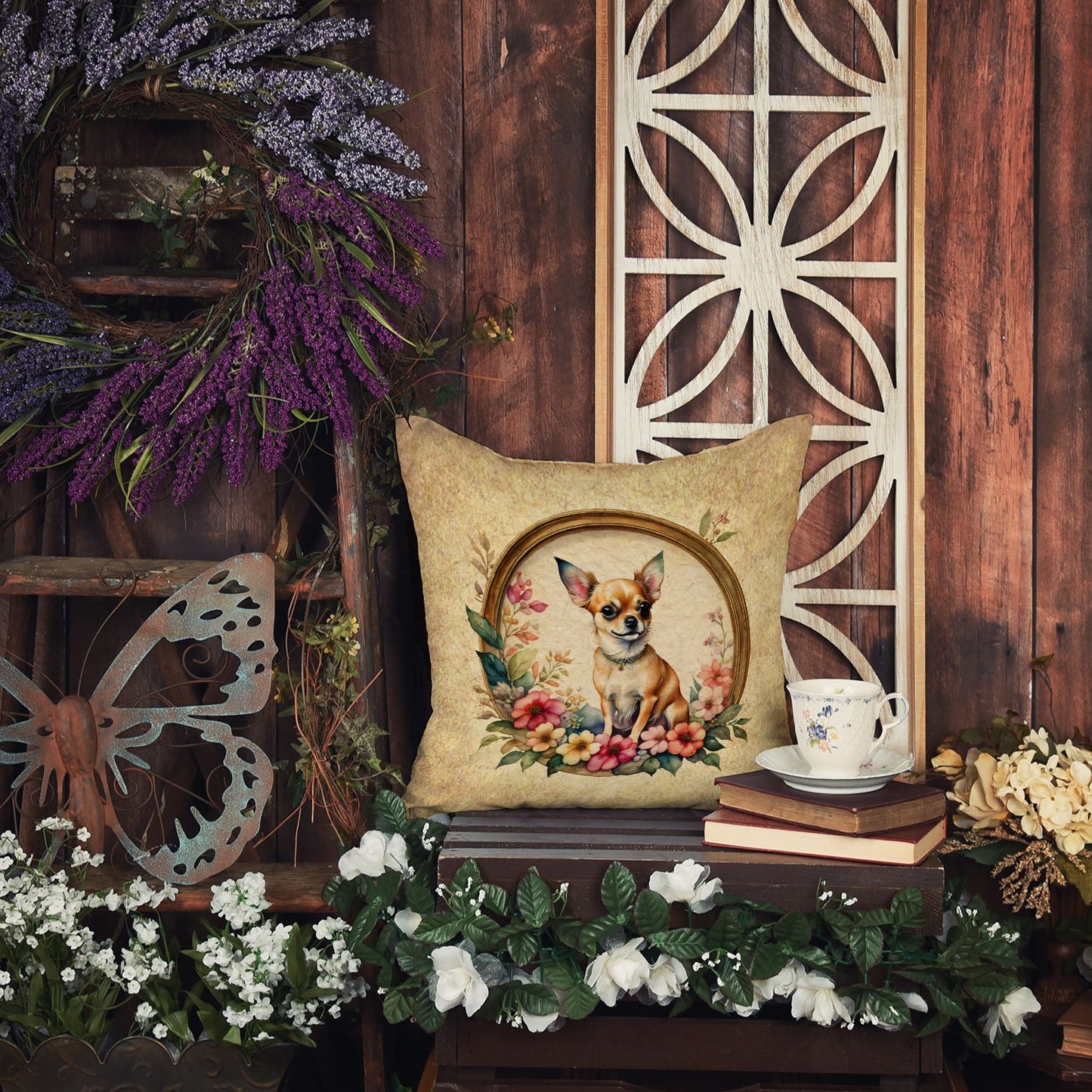 Chihuahua and Flowers Throw Pillow Machine Washable, Indoor Outdoor Decorative Pillow for Couch, Bed or Patio, 14Hx14W