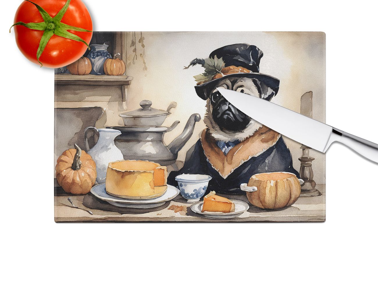 NEW Pug Fall Kitchen Pumpkins Glass Cutting Board Decorative Tempered Glass Kitchen Cutting and Serving Board Large Size Chopping Board