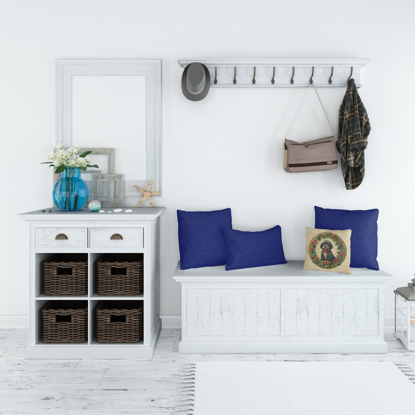 Portuguese Water Dog Christmas Flowers Throw Pillow Machine Washable, Indoor Outdoor Decorative Pillow for Couch, Bed or Patio, 14Hx14W