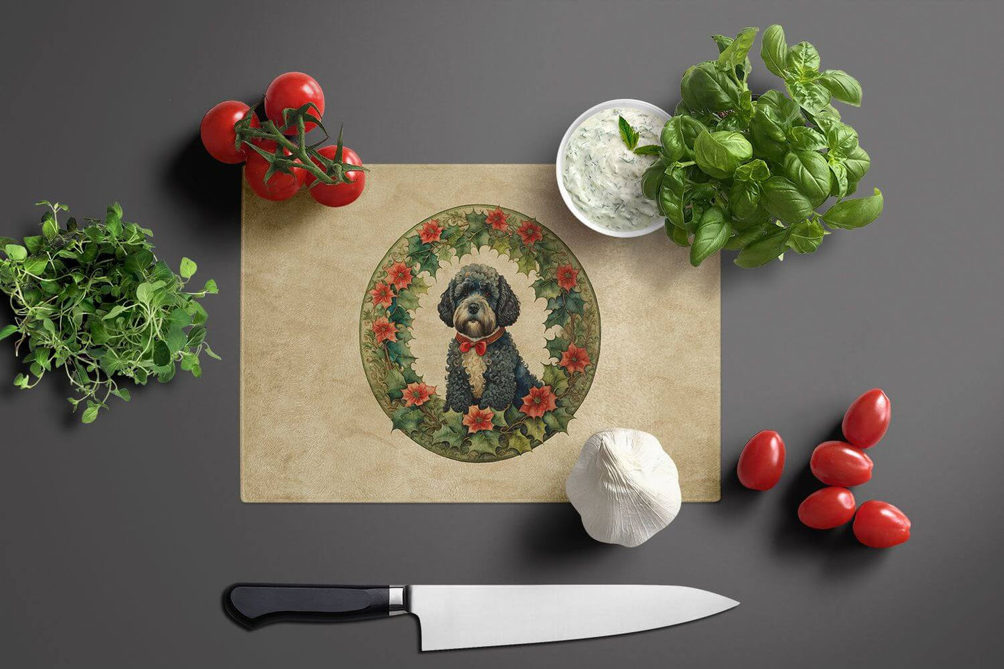 NEW Portuguese Water Dog Christmas Flowers Glass Cutting Board Decorative Tempered Glass Kitchen Cutting and Serving Board Large Size Chopping Board