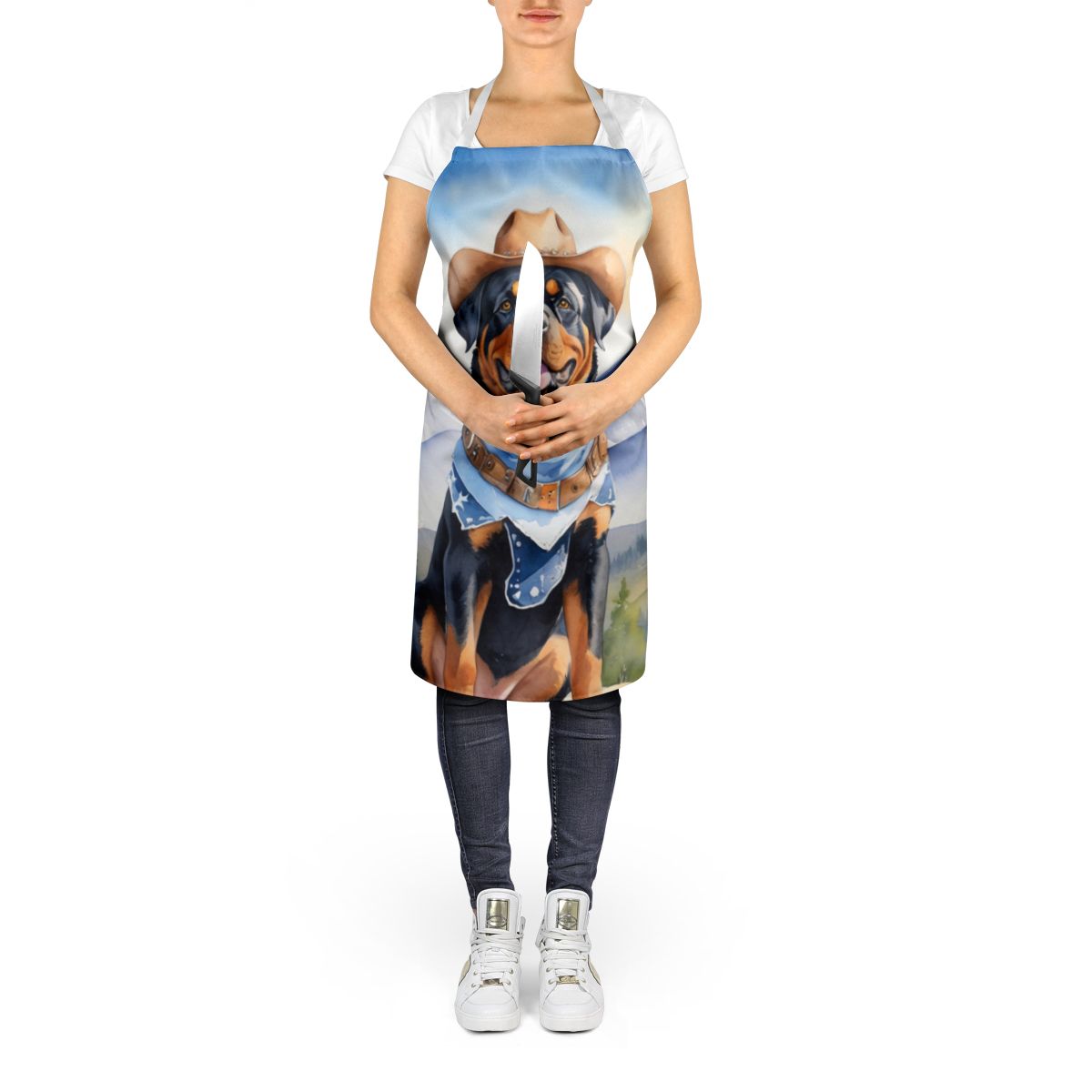 Rottweiler Cowboy Welcome Apron Cooking Kitchen Server Baking Crafts Gardening for Adult Women Men, Unisex, Large, Multicolor