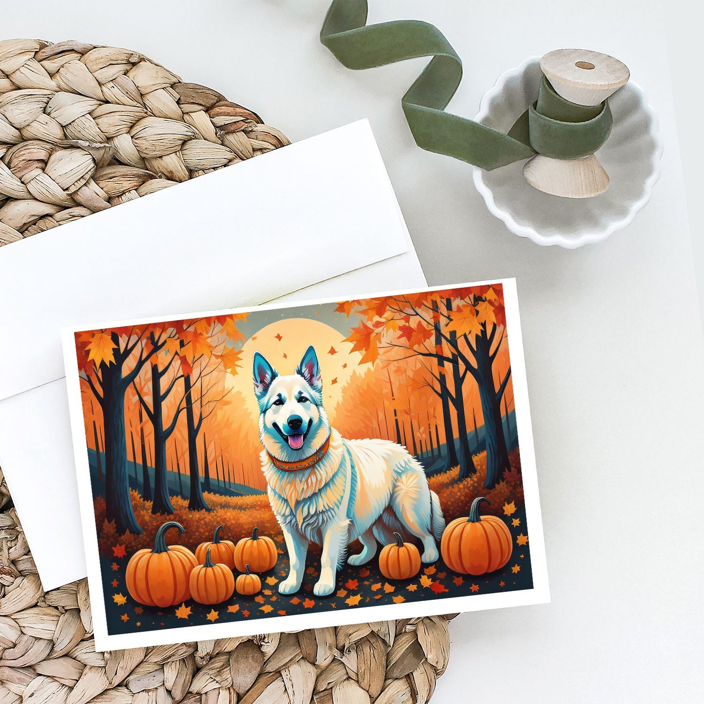White German Shepherd Fall Greeting Cards Pack of 8 Blank Cards with Envelopes Whimsical A7 Size 5x7 Blank Note Cards