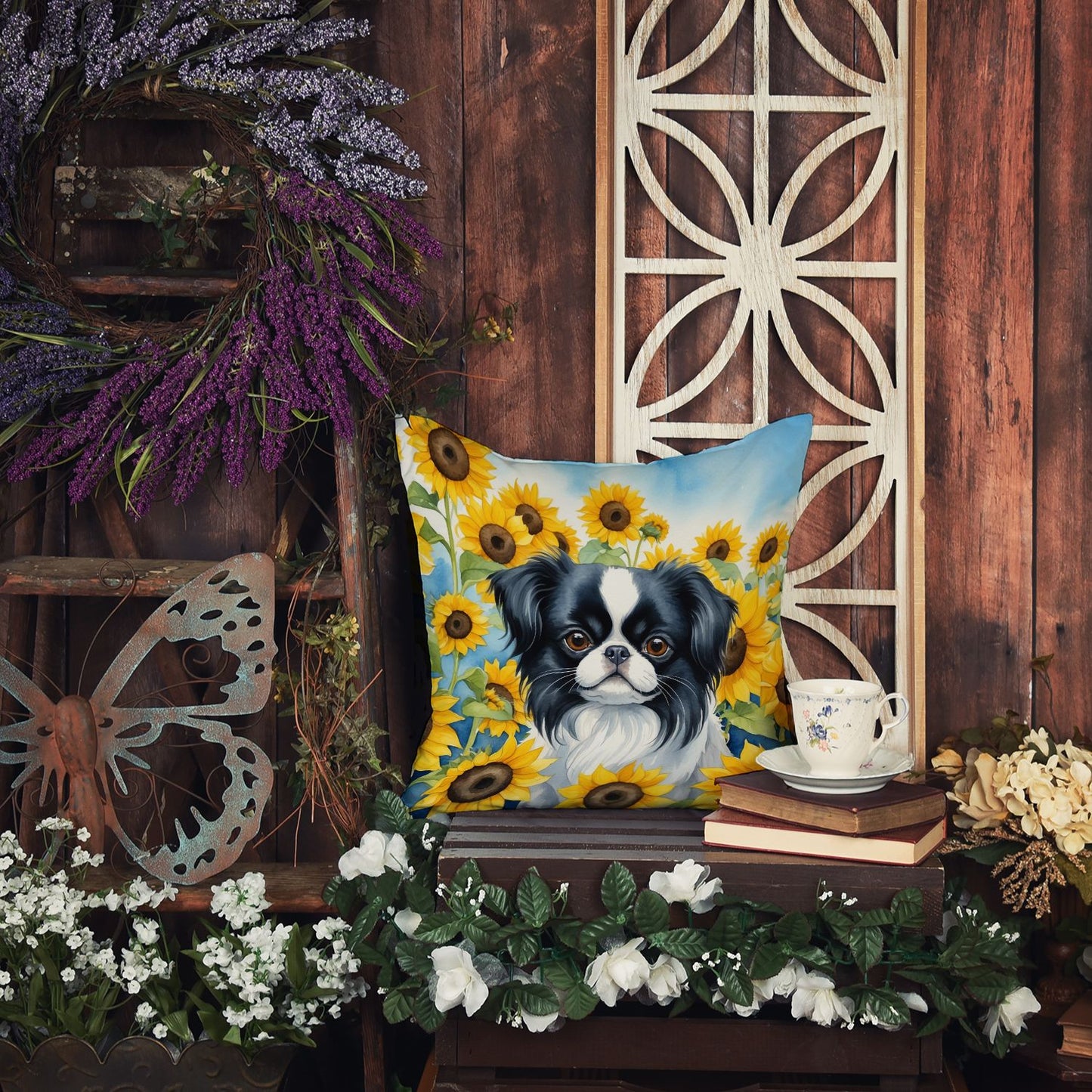 Japanese Chin in Sunflowers Throw Pillow Machine Washable, Indoor Outdoor Decorative Pillow for Couch, Bed or Patio, 14Hx14W