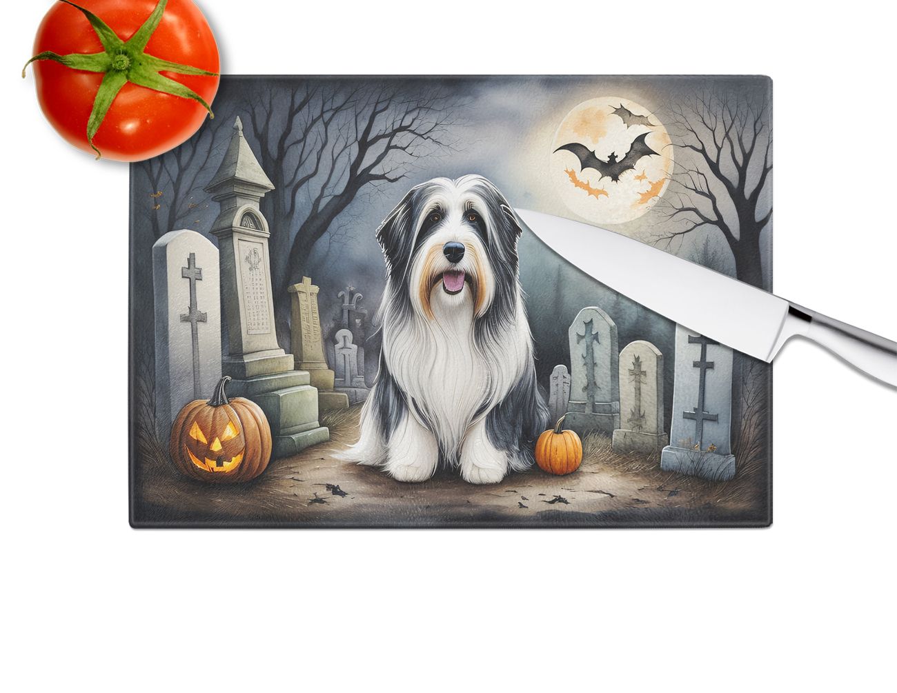 NEW Bearded Collie Spooky Halloween Glass Cutting Board Decorative Tempered Glass Kitchen Cutting and Serving Board Large Size Chopping Board