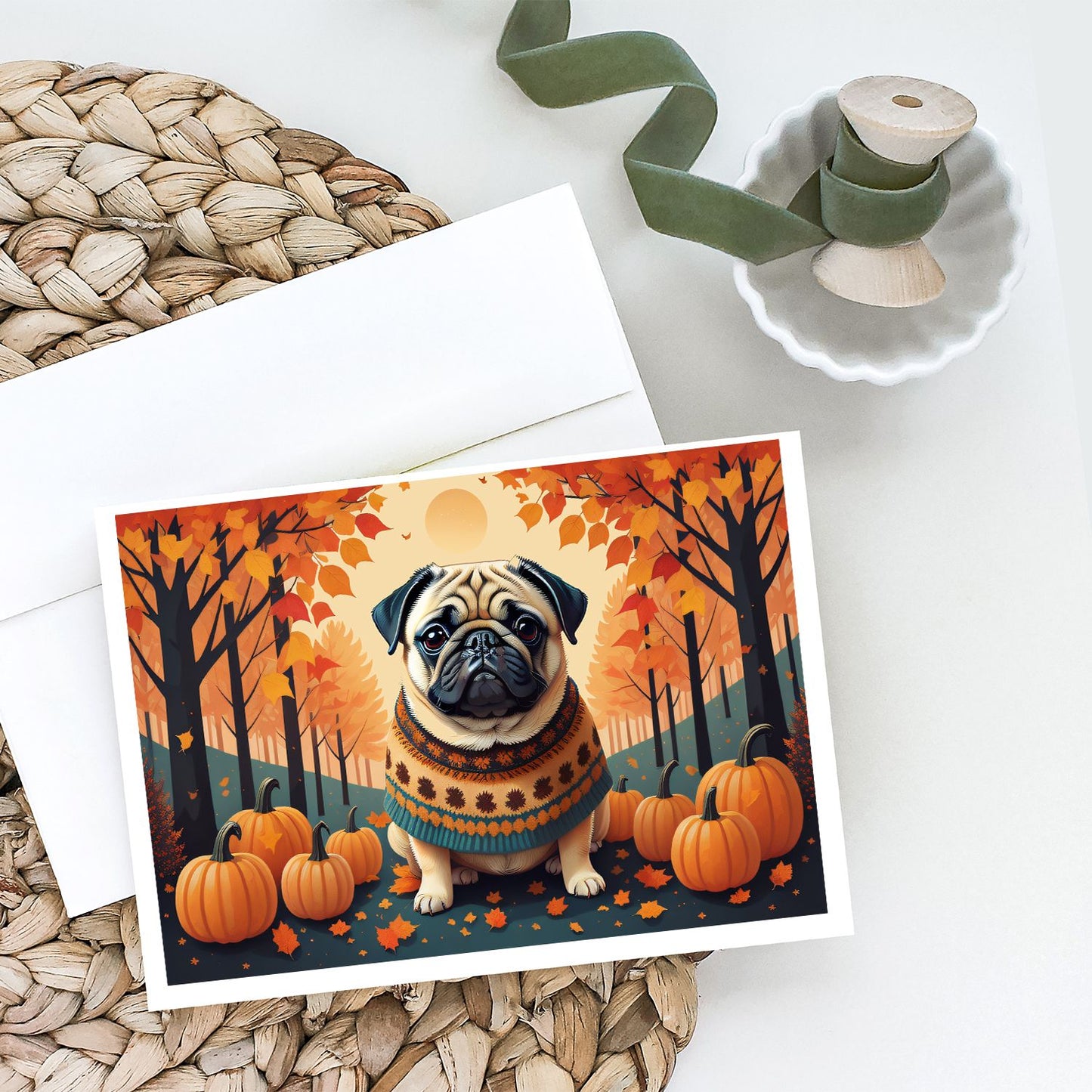 Fawn Pug Fall Greeting Cards Pack of 8 Blank Cards with Envelopes Whimsical A7 Size 5x7 Blank Note Cards