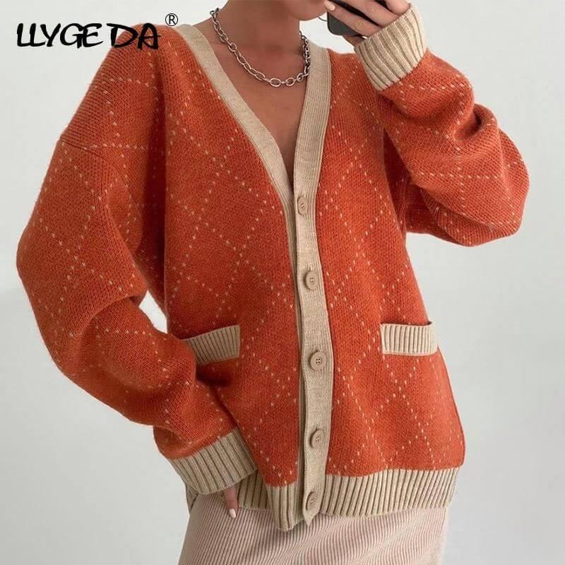 Oversized Argyle Cardigan Women Sweater Loose V-Neck Knitted Long Sleeve Y2K Sweaters Female 2021 Autumn Vintage Lady Basic Top - Clothes For Her Online Store