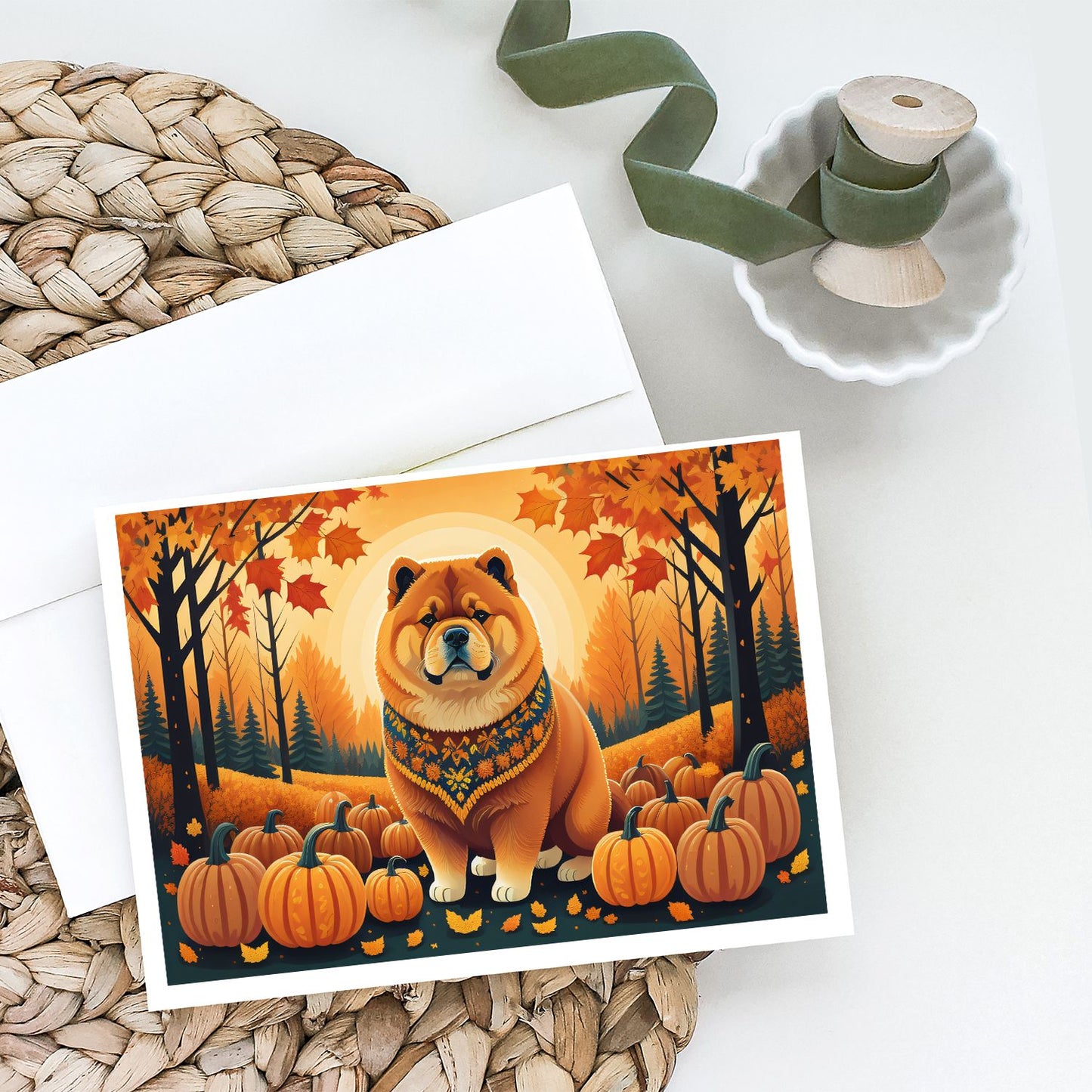 Chow Chow Fall Greeting Cards Pack of 8 Blank Cards with Envelopes Whimsical A7 Size 5x7 Blank Note Cards