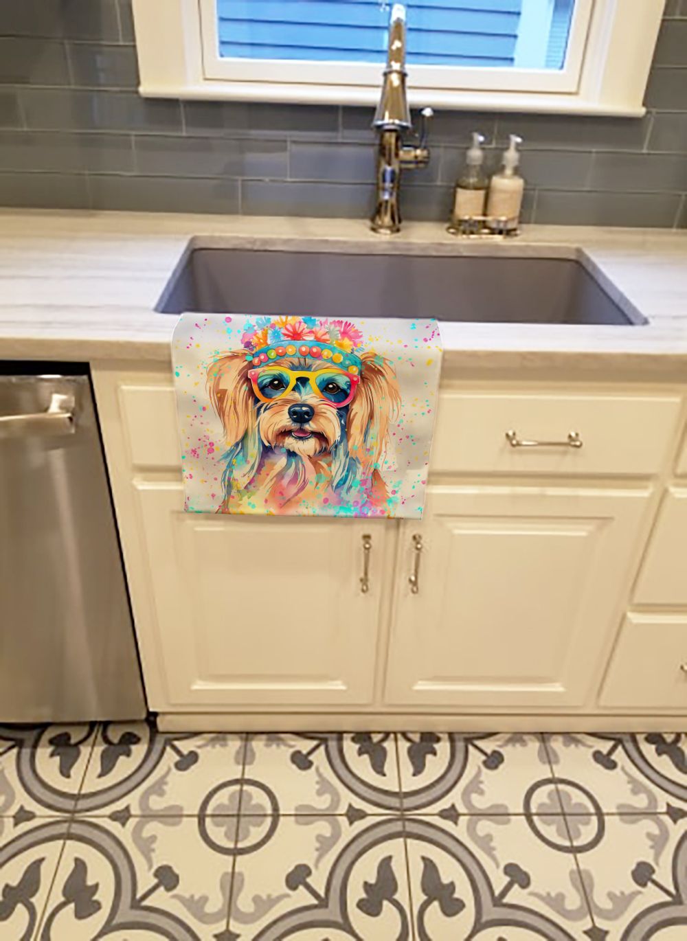 Yorkshire Terrier Hippie Dawg Kitchen Towel Dish Cloths Guest Hand Towel Decorative Bathroom Towel for Face,Tea, Dishcloth, Kitchen and Bath