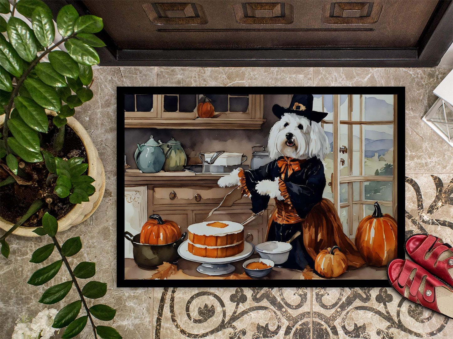 Coton De Tulear Fall Kitchen Pumpkins Doormat Front Door Mat Indoor Outdoor Rugs for Entryway, Non Slip Washable Low Pile, 24H X 36W