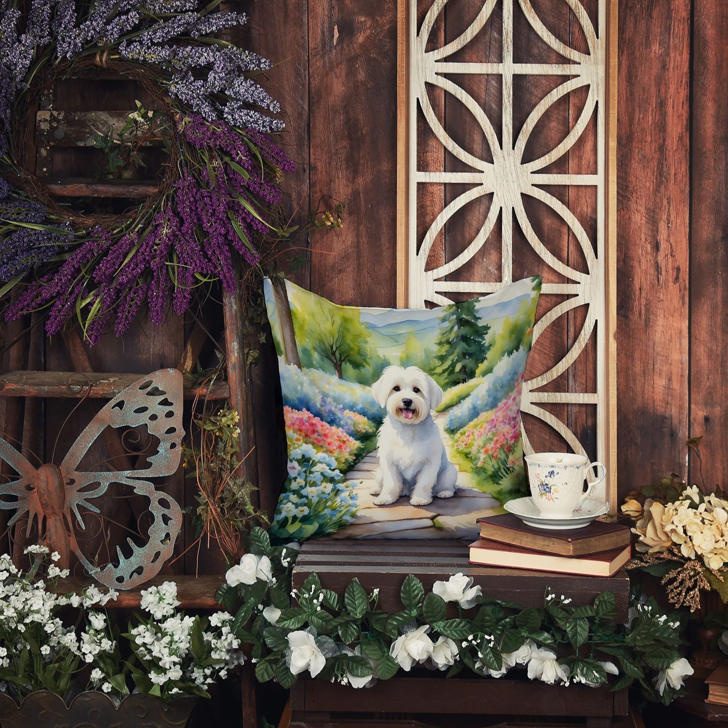 Coton de Tulear Spring Path Throw Pillow Machine Washable, Indoor Outdoor Decorative Pillow for Couch, Bed or Patio, 18Hx18W