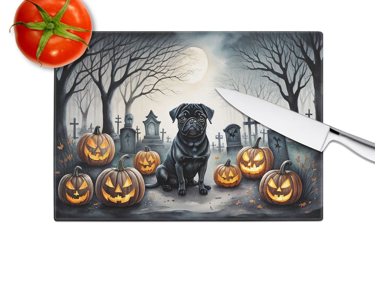 NEW Black Pug Spooky Halloween Glass Cutting Board Decorative Tempered Glass Kitchen Cutting and Serving Board Large Size Chopping Board