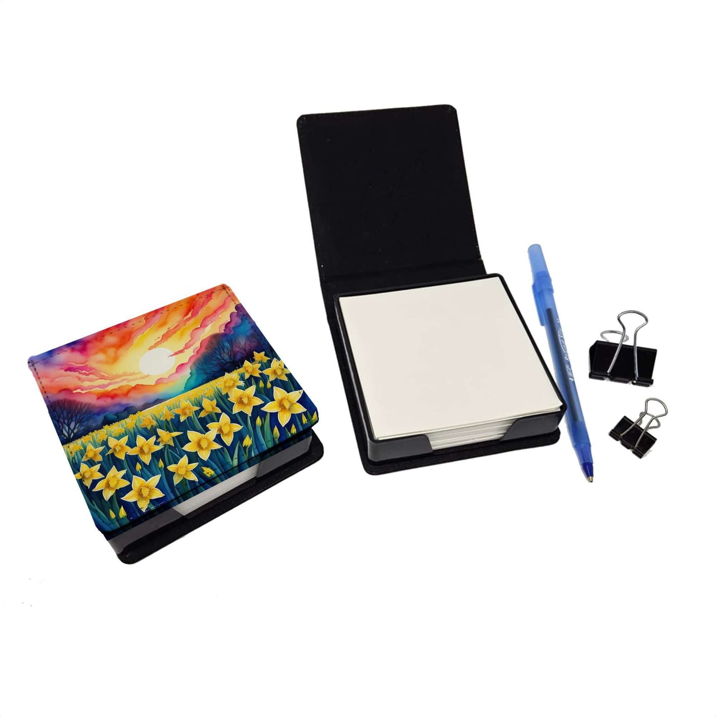 Colorful Daffodils PU Leather Note Paper Holder with Artist-Designed Cover, Desk Accessory, Office Gift