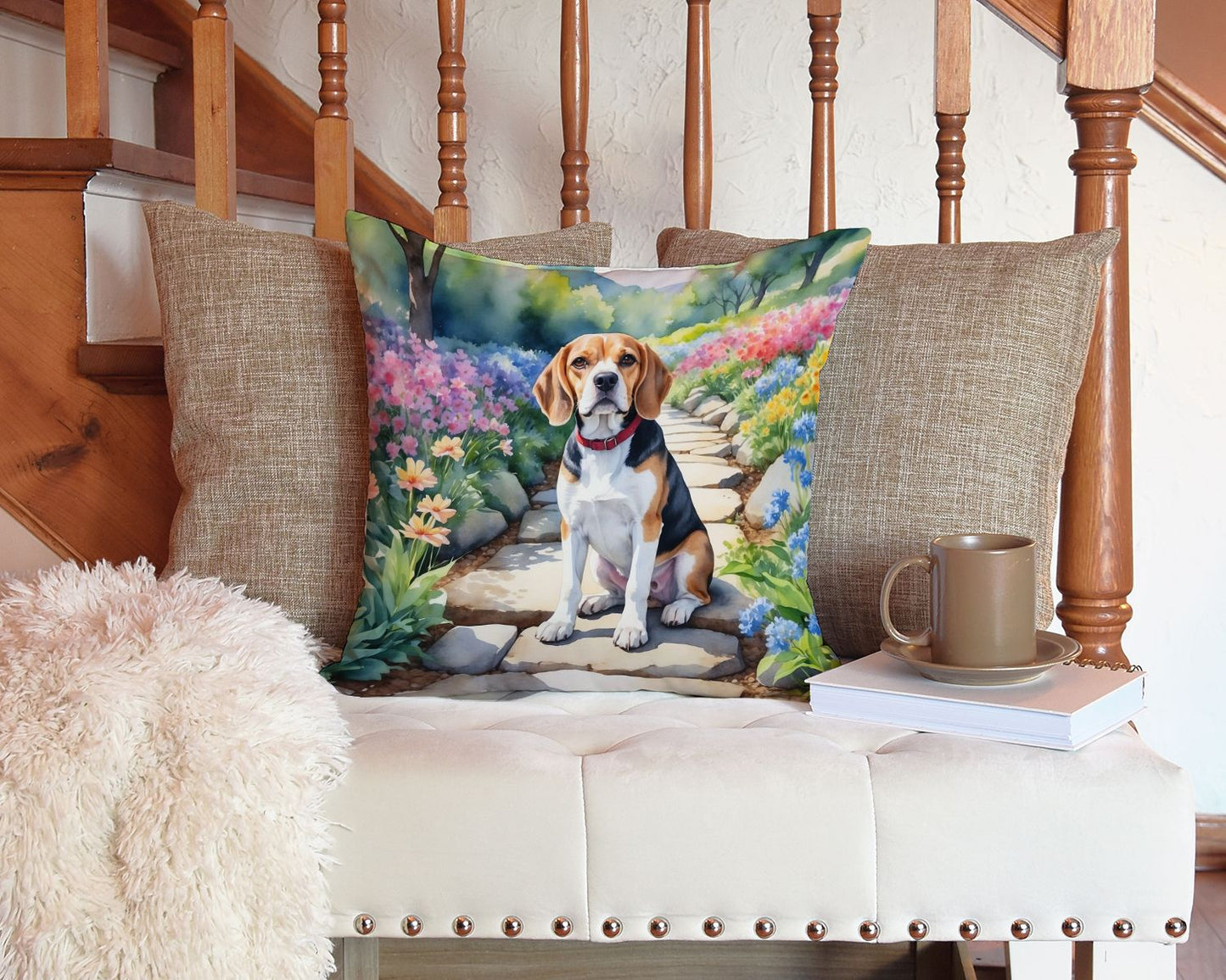 Beagle Spring Garden Throw Pillow Machine Washable, Indoor Outdoor Decorative Pillow for Couch, Bed or Patio, 14Hx14W