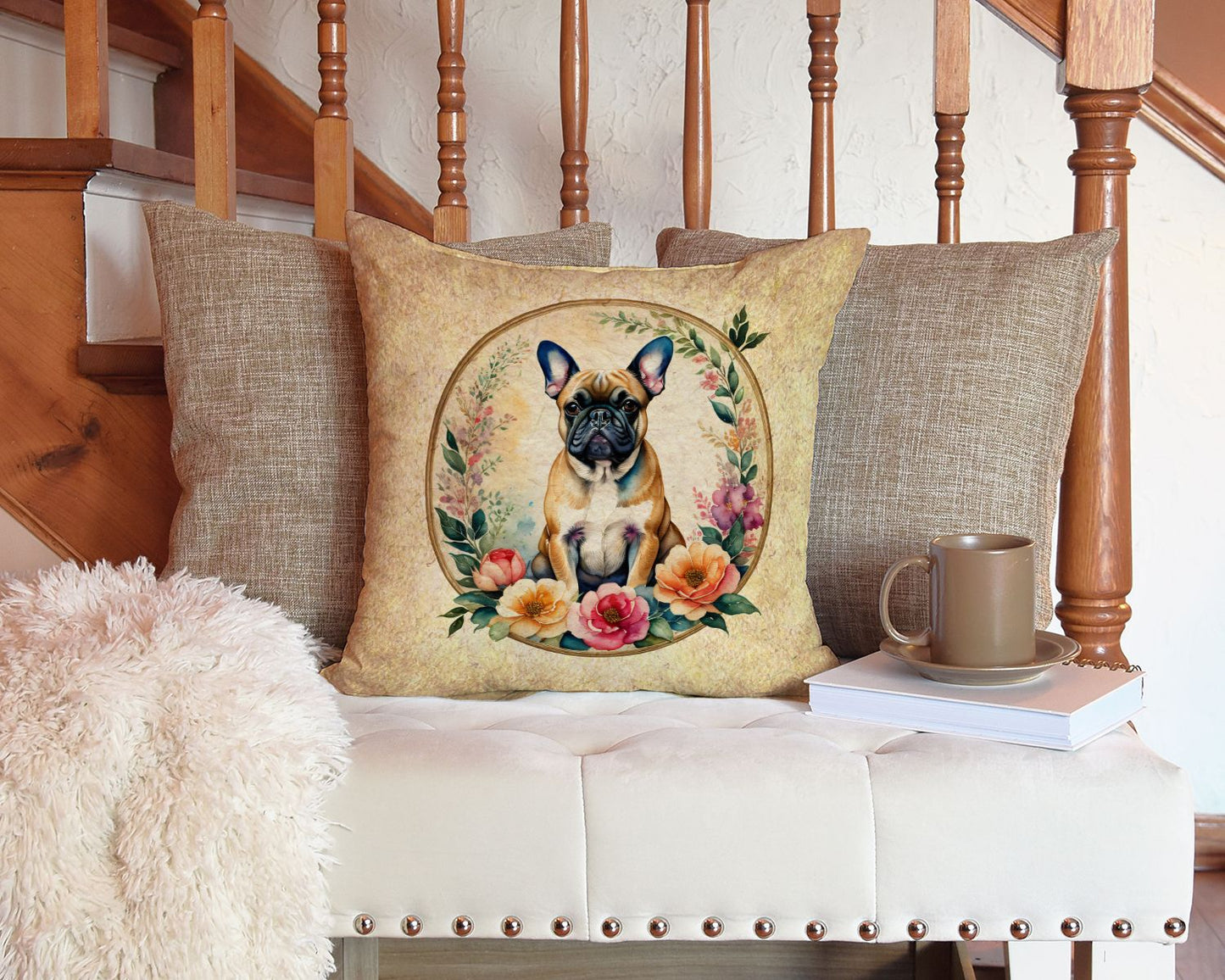 Fawn French Bulldog and Flowers Throw Pillow Machine Washable, Indoor Outdoor Decorative Pillow for Couch, Bed or Patio, 14Hx14W