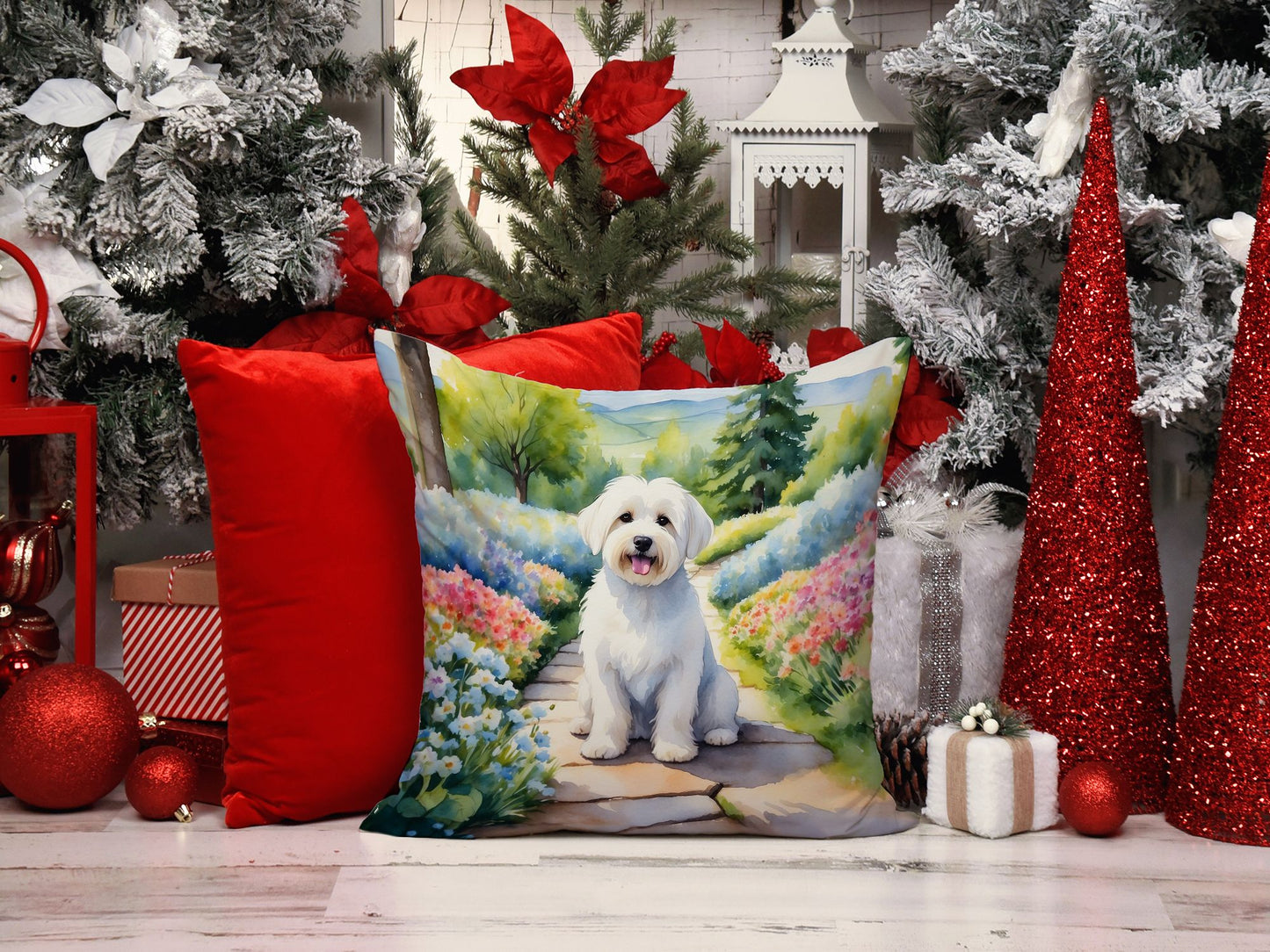 Coton de Tulear Spring Path Throw Pillow Machine Washable, Indoor Outdoor Decorative Pillow for Couch, Bed or Patio, 14Hx14W