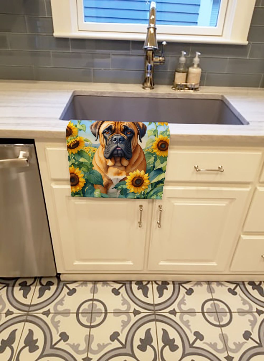 Bullmastiff in Sunflowers Kitchen Towel Dish Cloths Guest Hand Towel Decorative Bathroom Towel for Face,Tea, Dishcloth, Kitchen and Bath