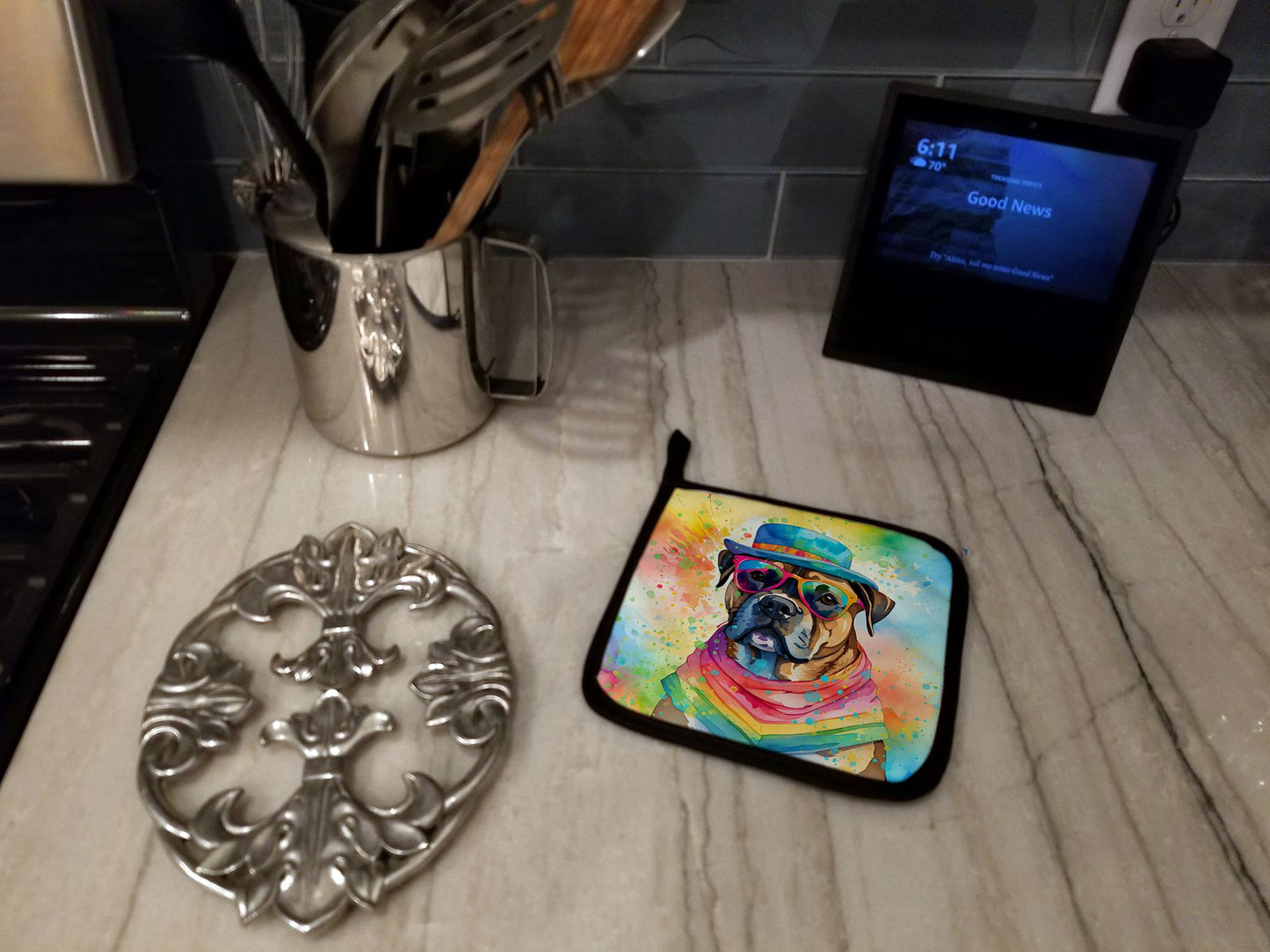 Cane Corso Hippie Dawg Pair of Pot Holders Kitchen Heat Resistant Pot Holders Sets Oven Hot Pads for Cooking Baking BBQ, 7 1/2 x 7 1/2
