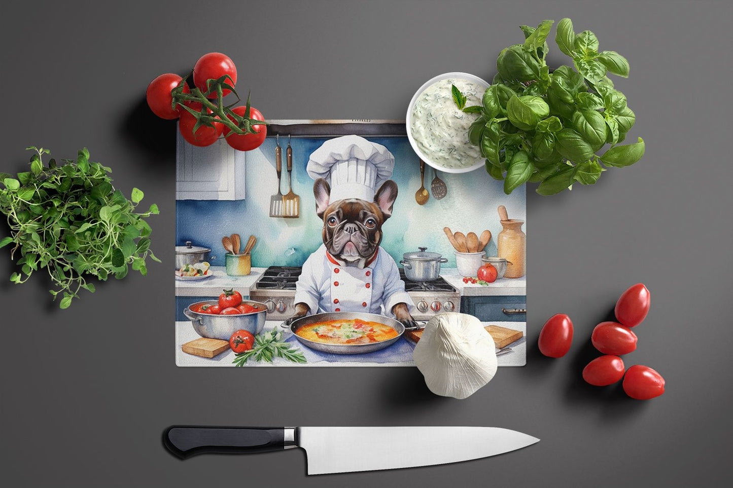 NEW French Bulldog The Chef Glass Cutting Board Decorative Tempered Glass Kitchen Cutting and Serving Board Large Size Chopping Board