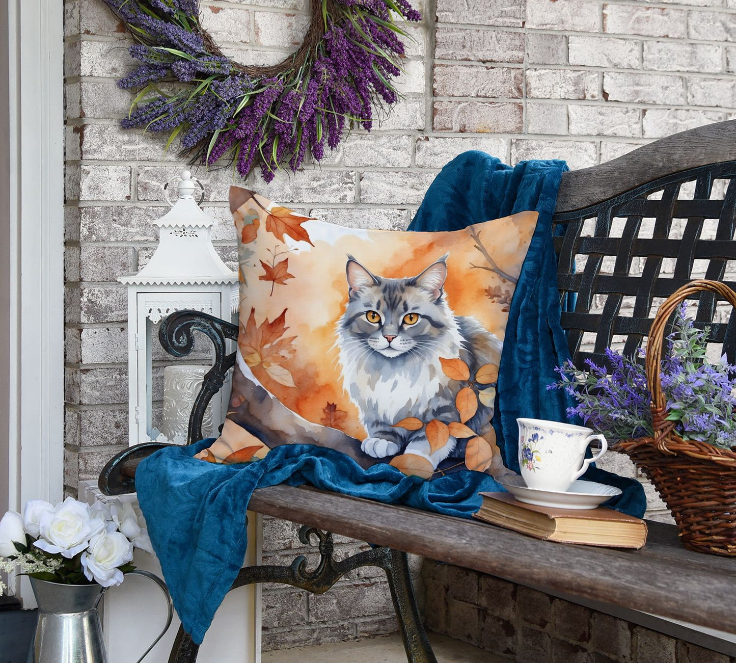 Australian Mist Cat in Fall Leaves Throw Pillow Machine Washable, Indoor Outdoor Decorative Pillow for Couch, Bed or Patio, 18Hx18W