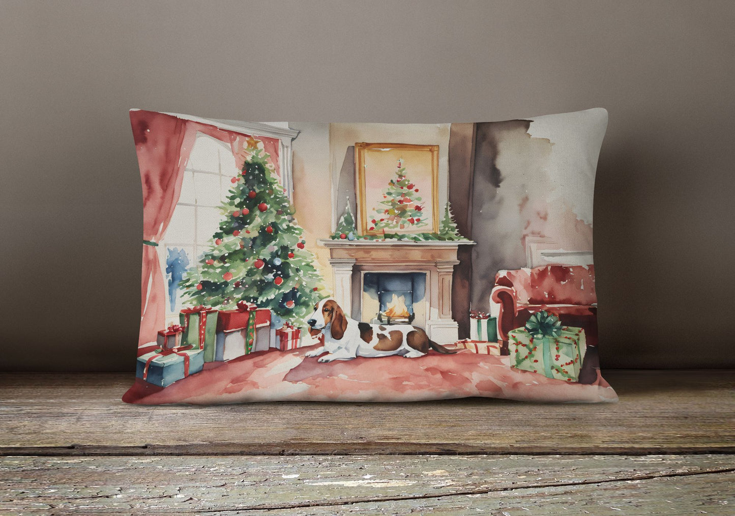 Waiting on Christmas Throw Pillow Throw Pillow for Indoor Couch Bed Outdoor Patio Washable, Basset Hound 1242,12Hx16W