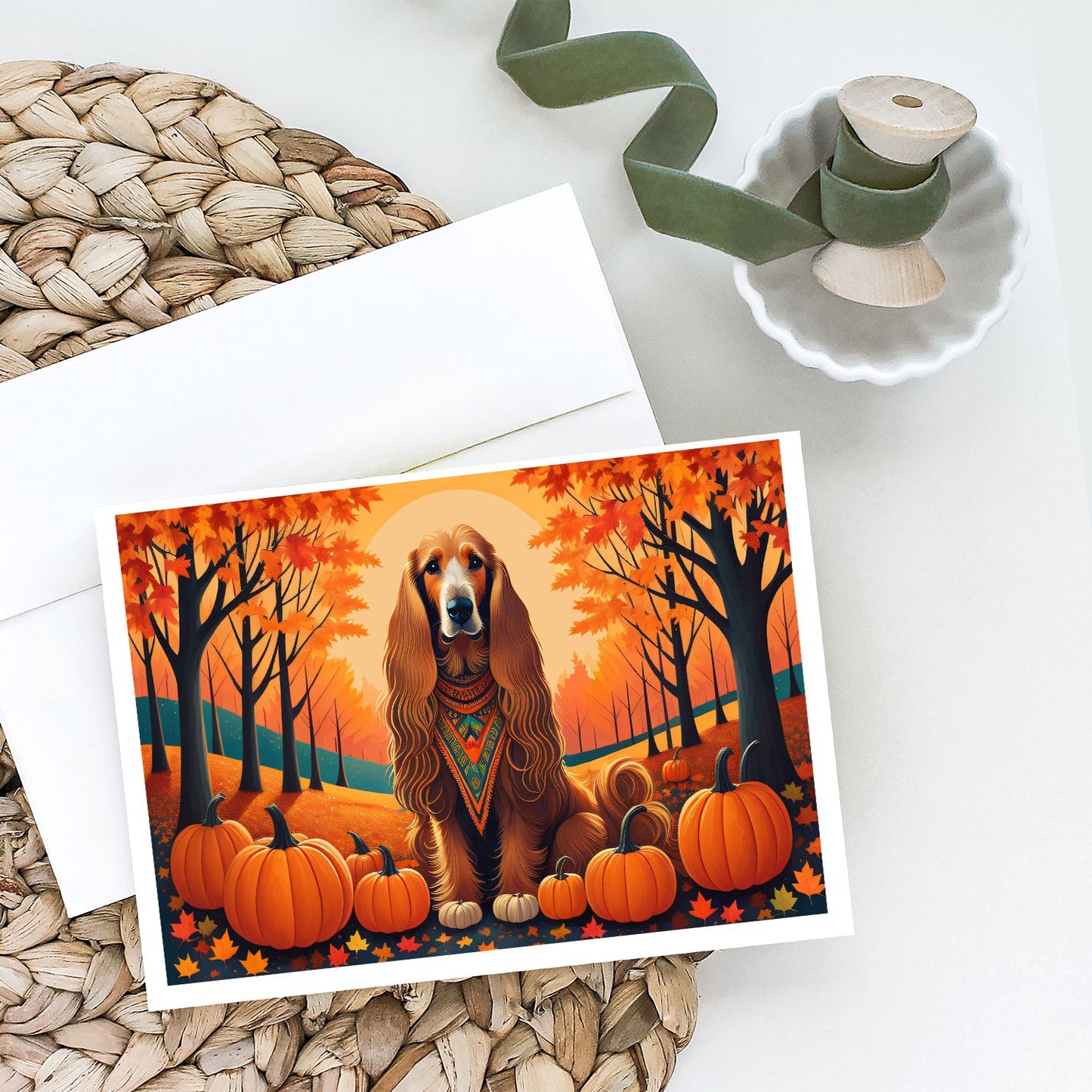 Afghan Hound Fall Greeting Cards Pack of 8 Blank Cards with Envelopes Whimsical A7 Size 5x7 Blank Note Cards