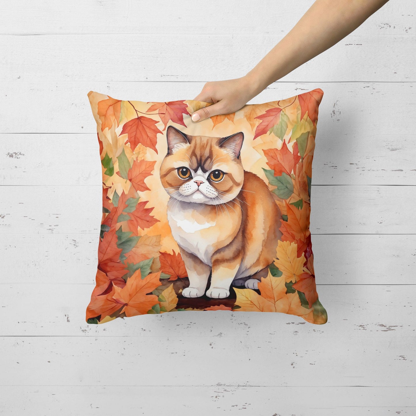 Exotic Shorthair Cat in Fall Leaves Throw Pillow Machine Washable, Indoor Outdoor Decorative Pillow for Couch, Bed or Patio, 18Hx18W