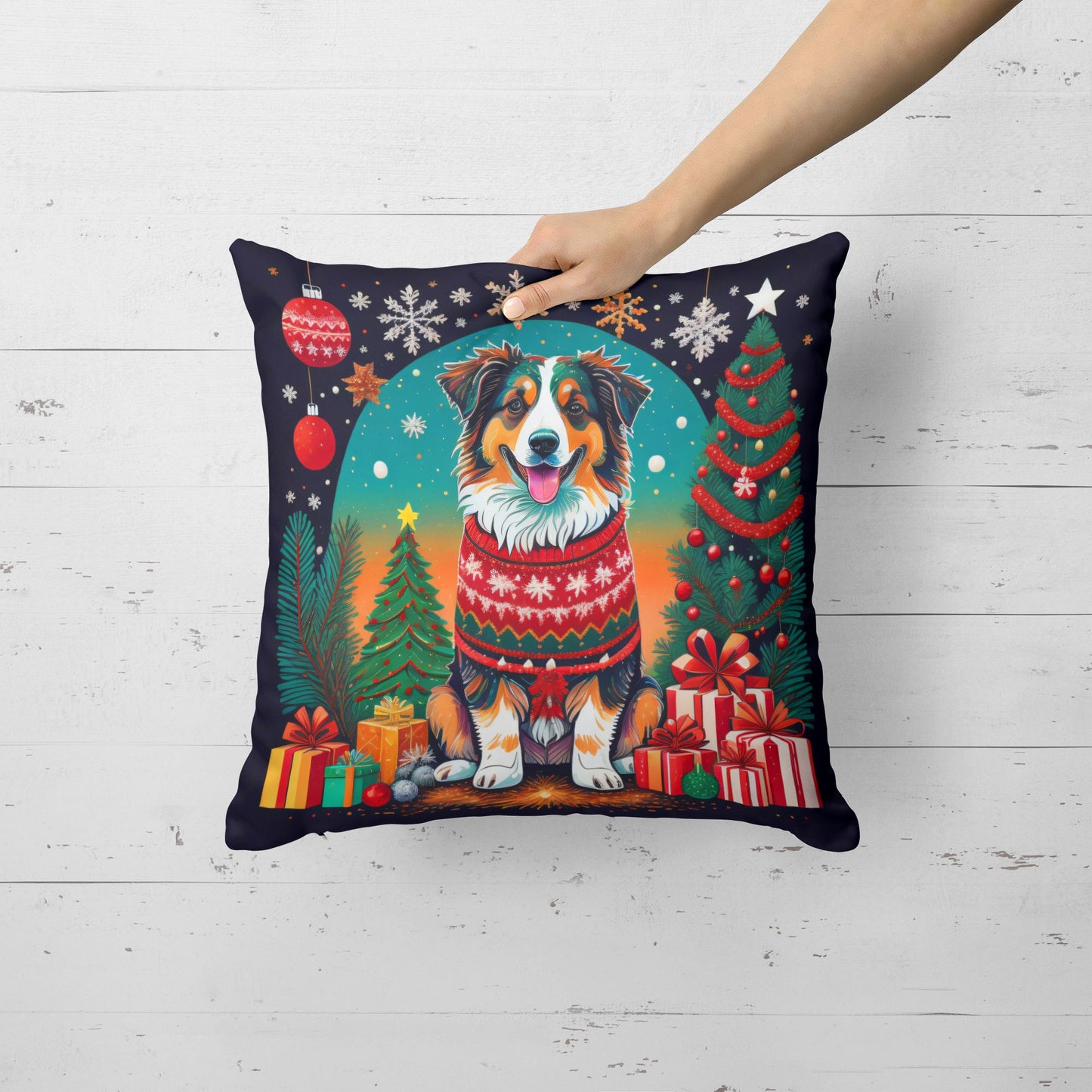 Australian Shepherd Christmas Throw Pillow Machine Washable, Indoor Outdoor Decorative Pillow for Couch, Bed or Patio, 14Hx14W